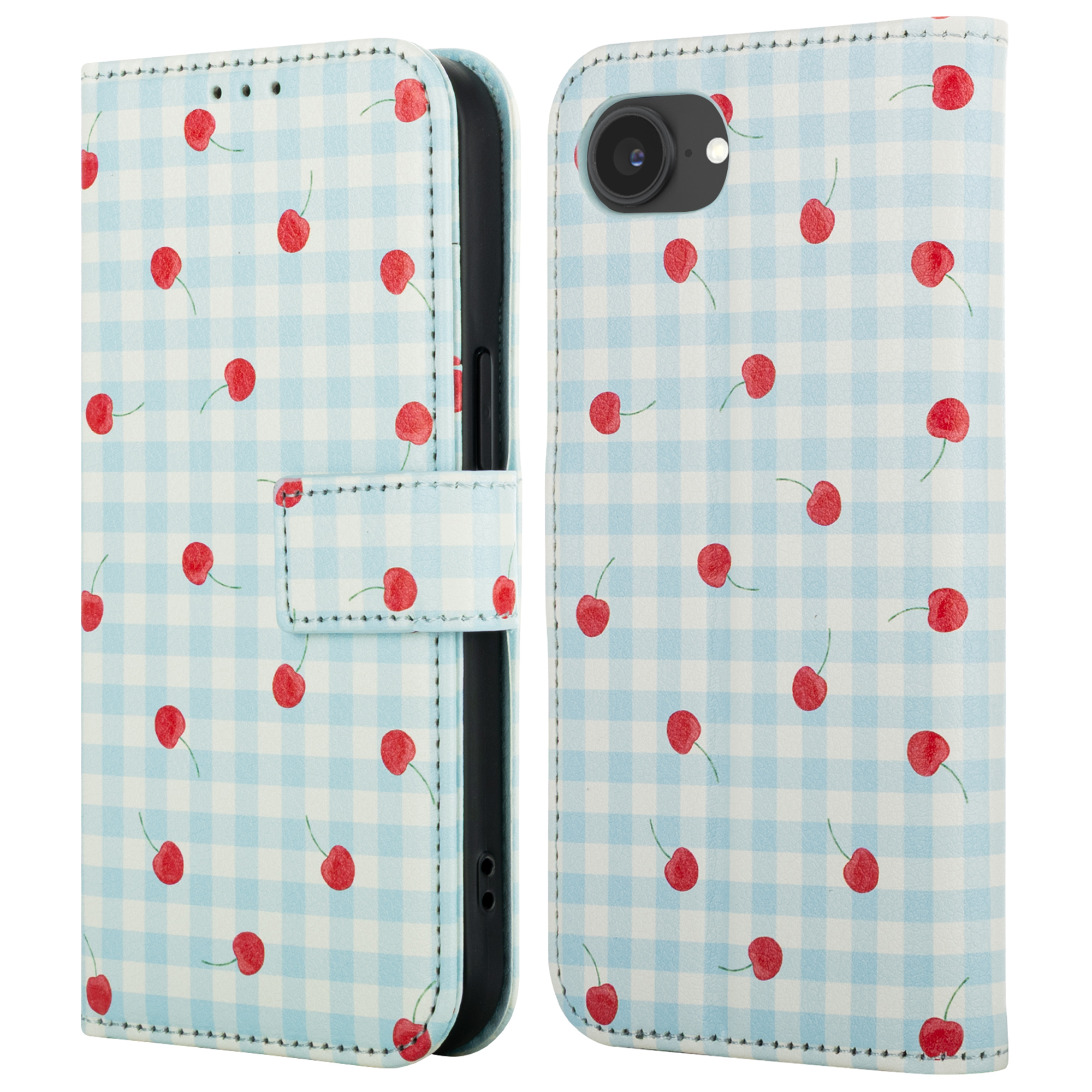 A light blue checkered phone case with a cherry pattern.