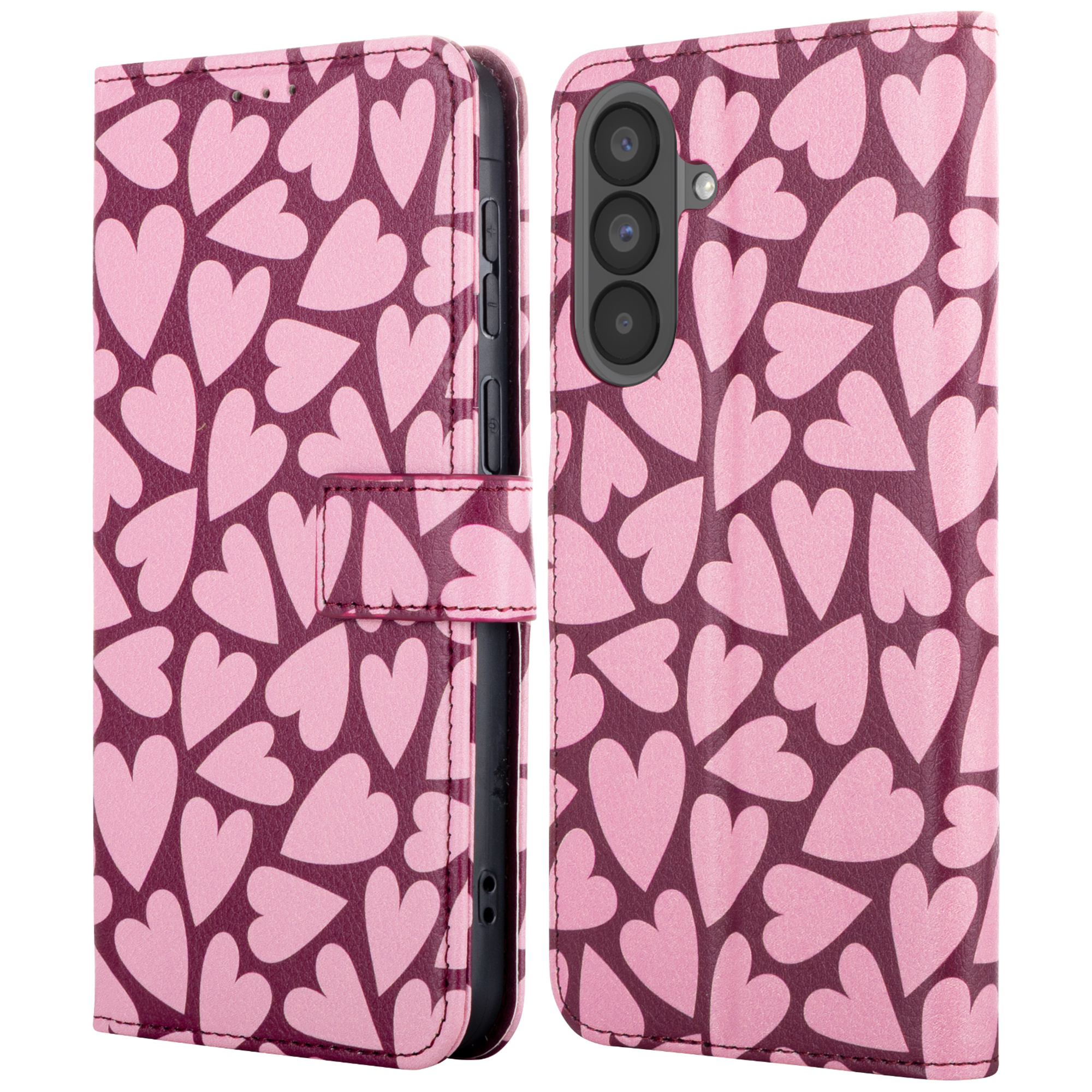 Ein pinkes Handycover mit Herzmuster. Geschlossen und geöffnet gezeigt.