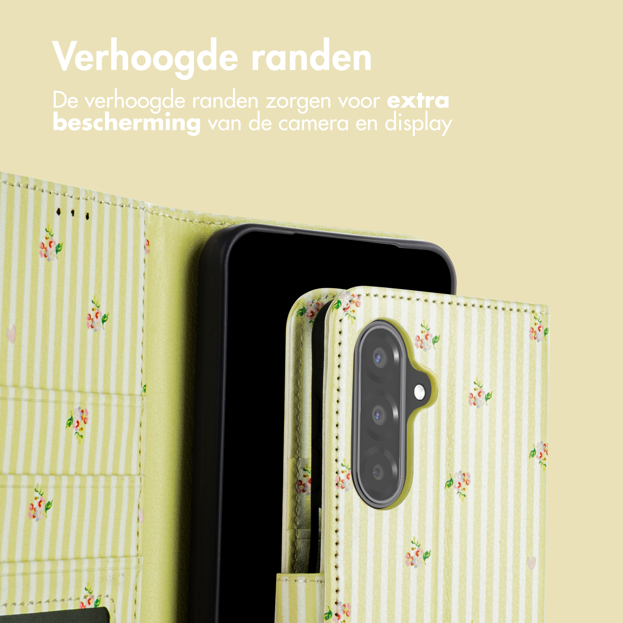 Ein hellgrünes Handyhülle mit vertikalen Streifen und kleinen Blumenmotiven.