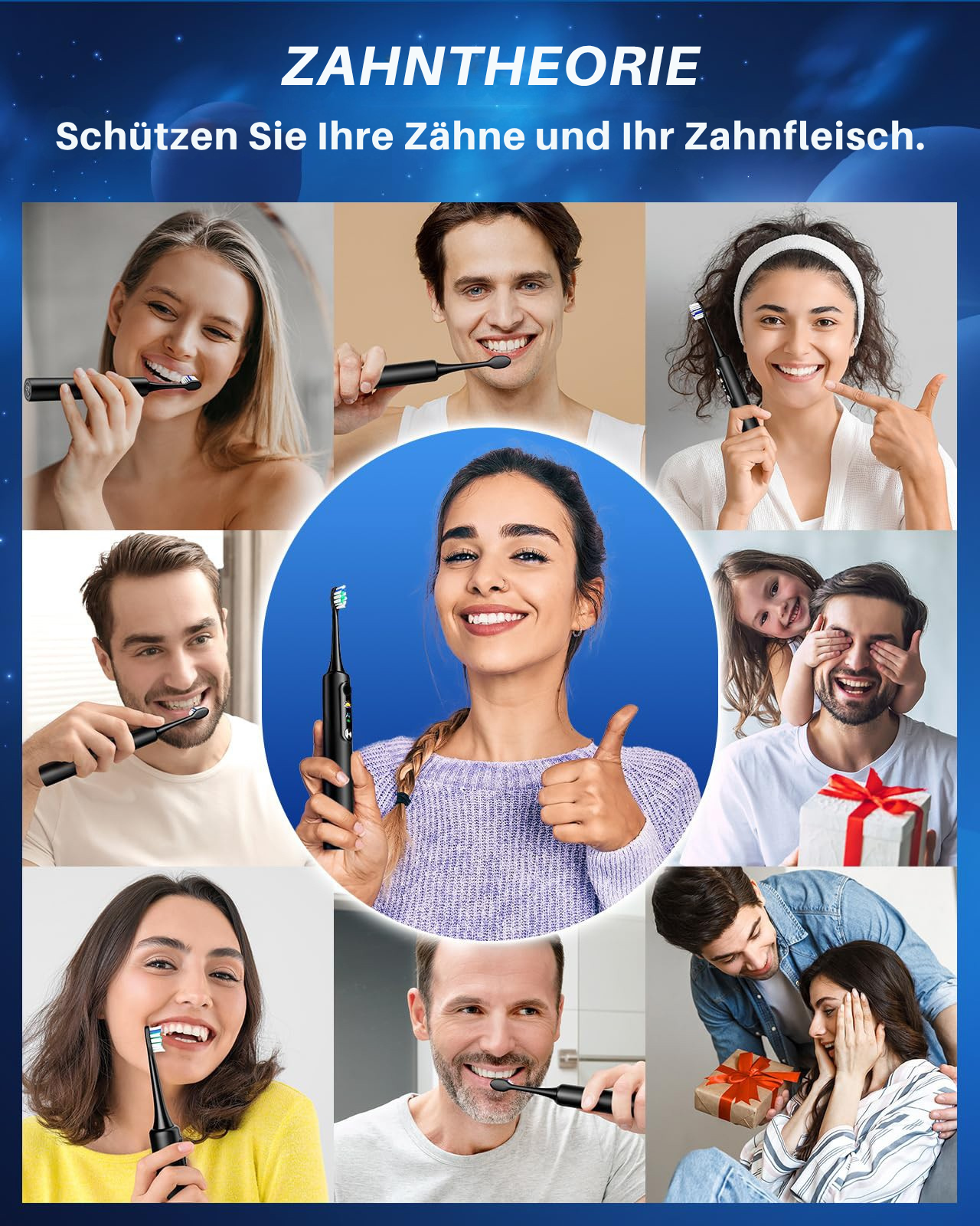 Collage von Menschen, die elektrische Zahnbürsten benutzen und lächeln.