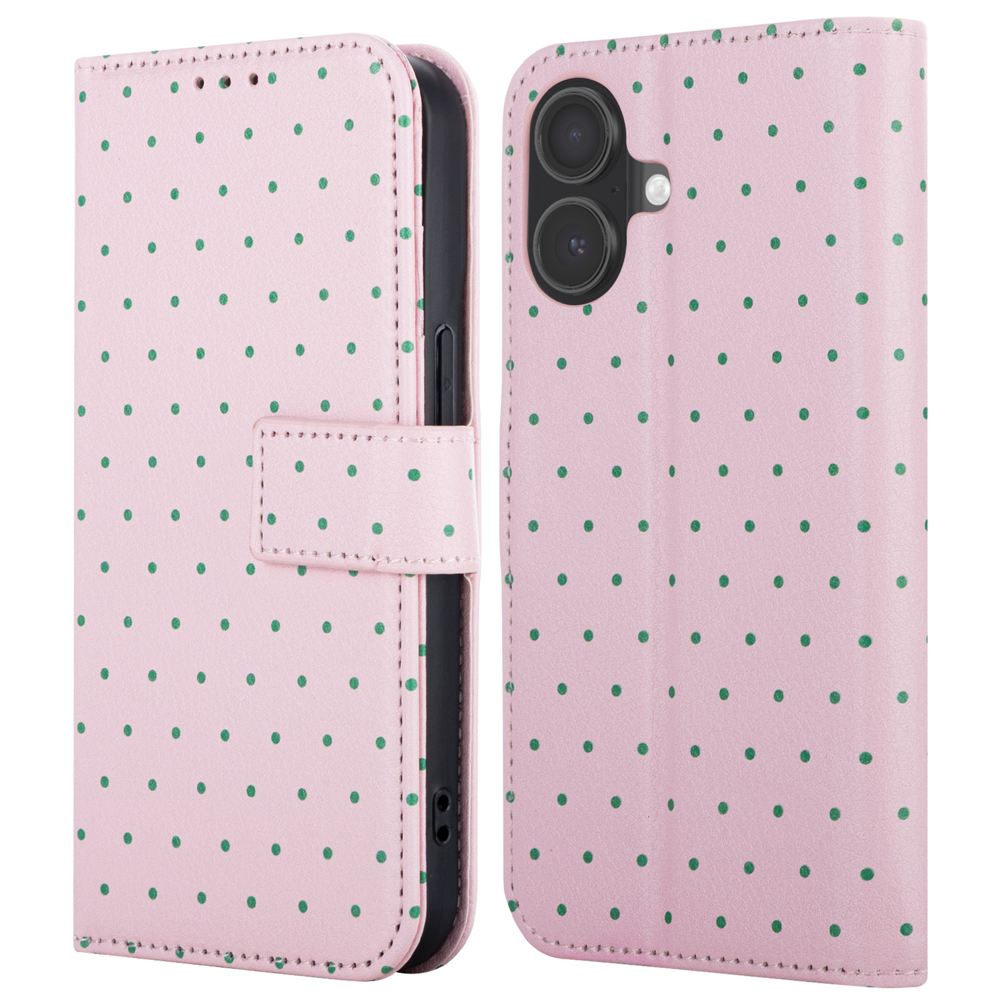 Ein rosa Handyhülle mit grünen Punkten, offen auf beiden Seiten.