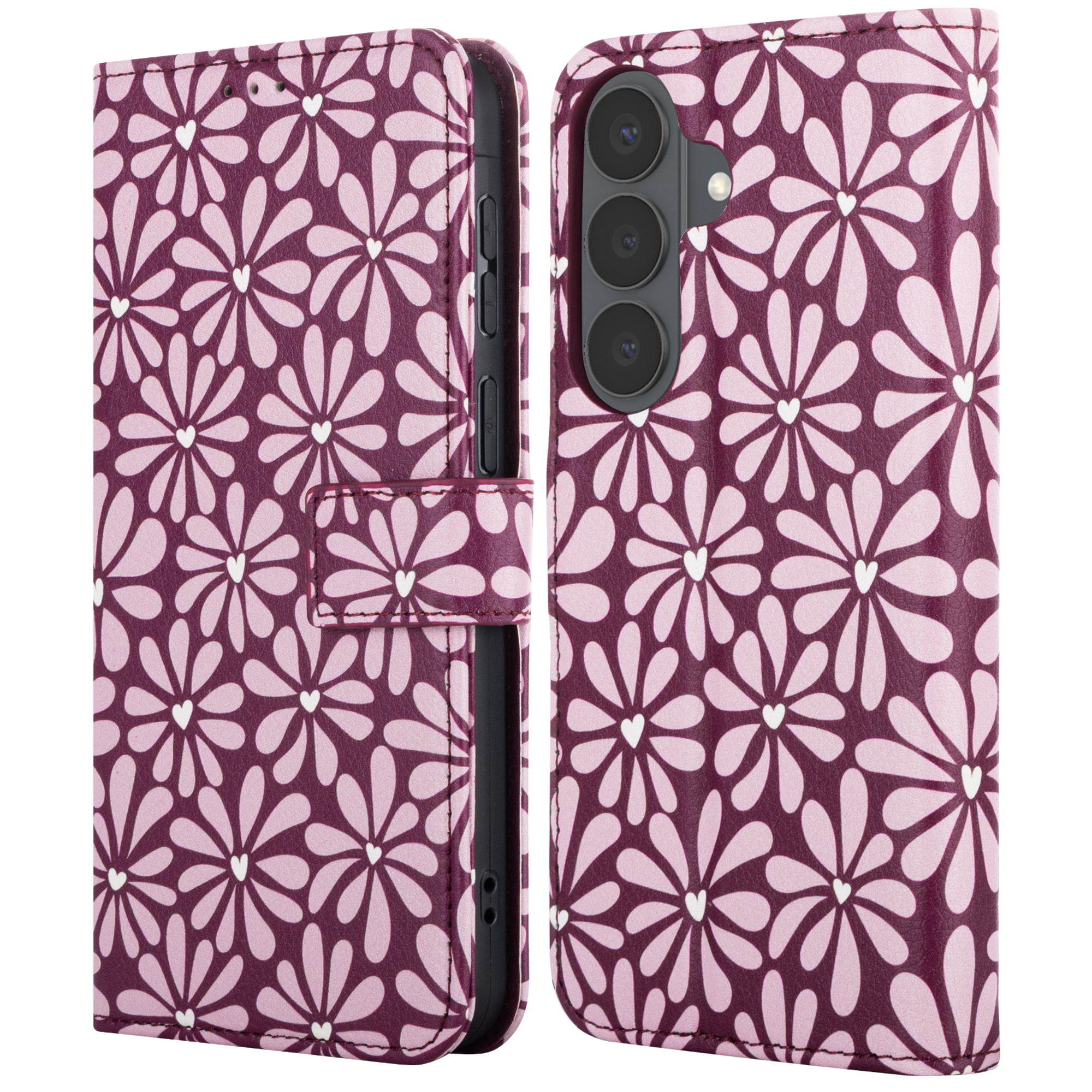 Een donkerrode telefoonhoes met roze bloemenpatroon en witte hartjes.