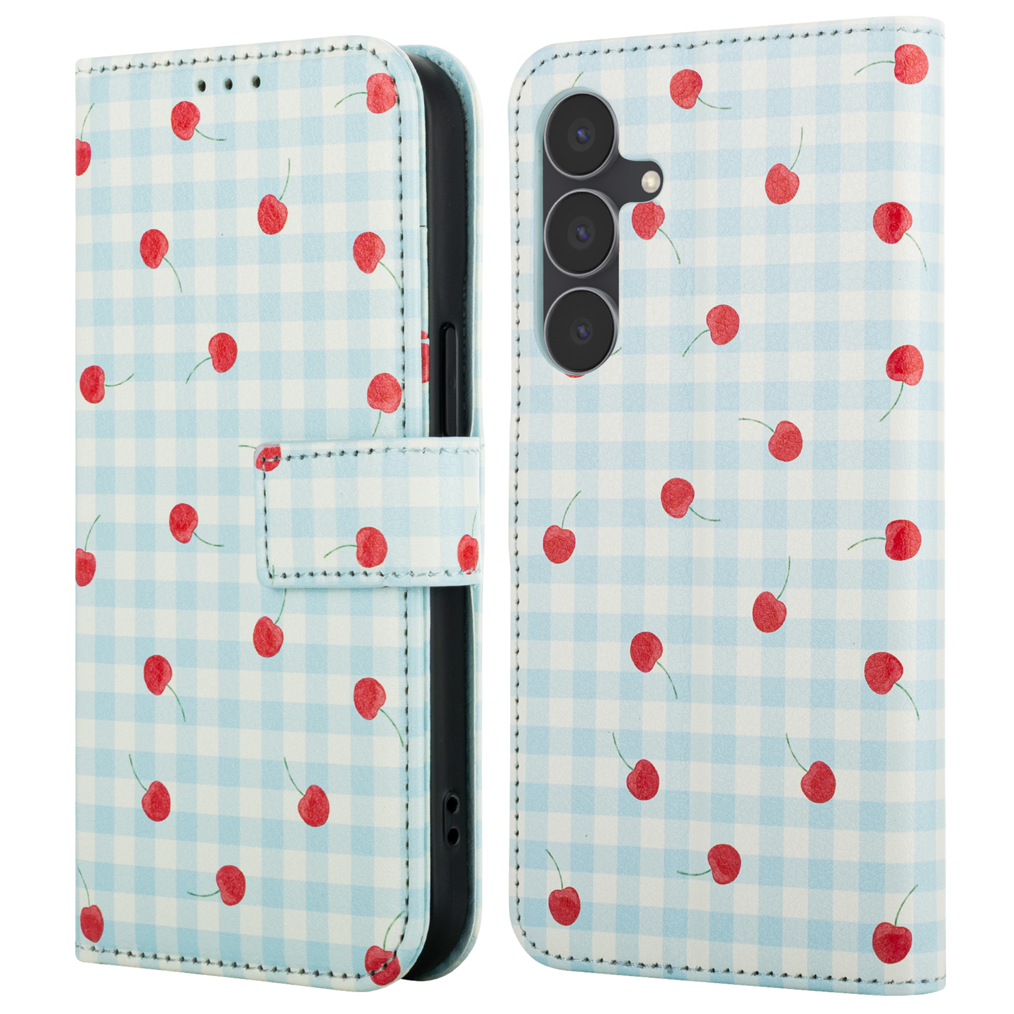 A blue checkered phone case with red cherries and a camera cutout.