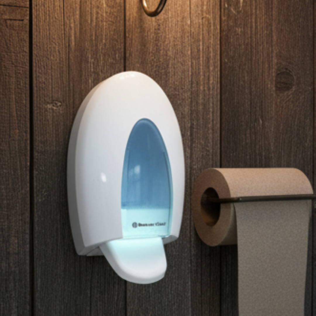 Wei0er Seifenspender mit blauer Fl0ussigkeit neben brauner Toilettenpapierrolle auf Holz.