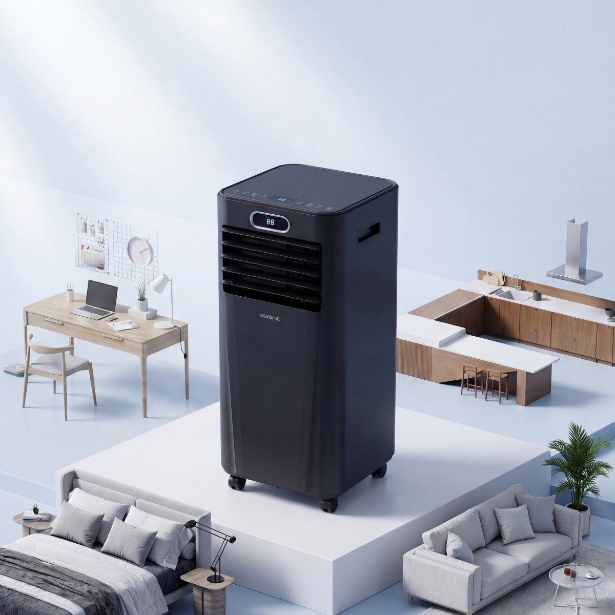 Een zwarte draagbare airconditioner staat centraal in een kamer-vignet met een bureau, bed en keukeneiland.