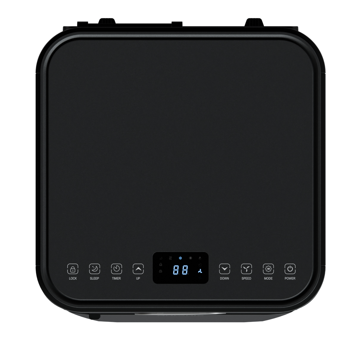 Zwart apparaat met digitaal display (88) en iconen voor vergrendeling, slaap, timer, omhoog, omlaag, snelheid, modus, aan/uit.