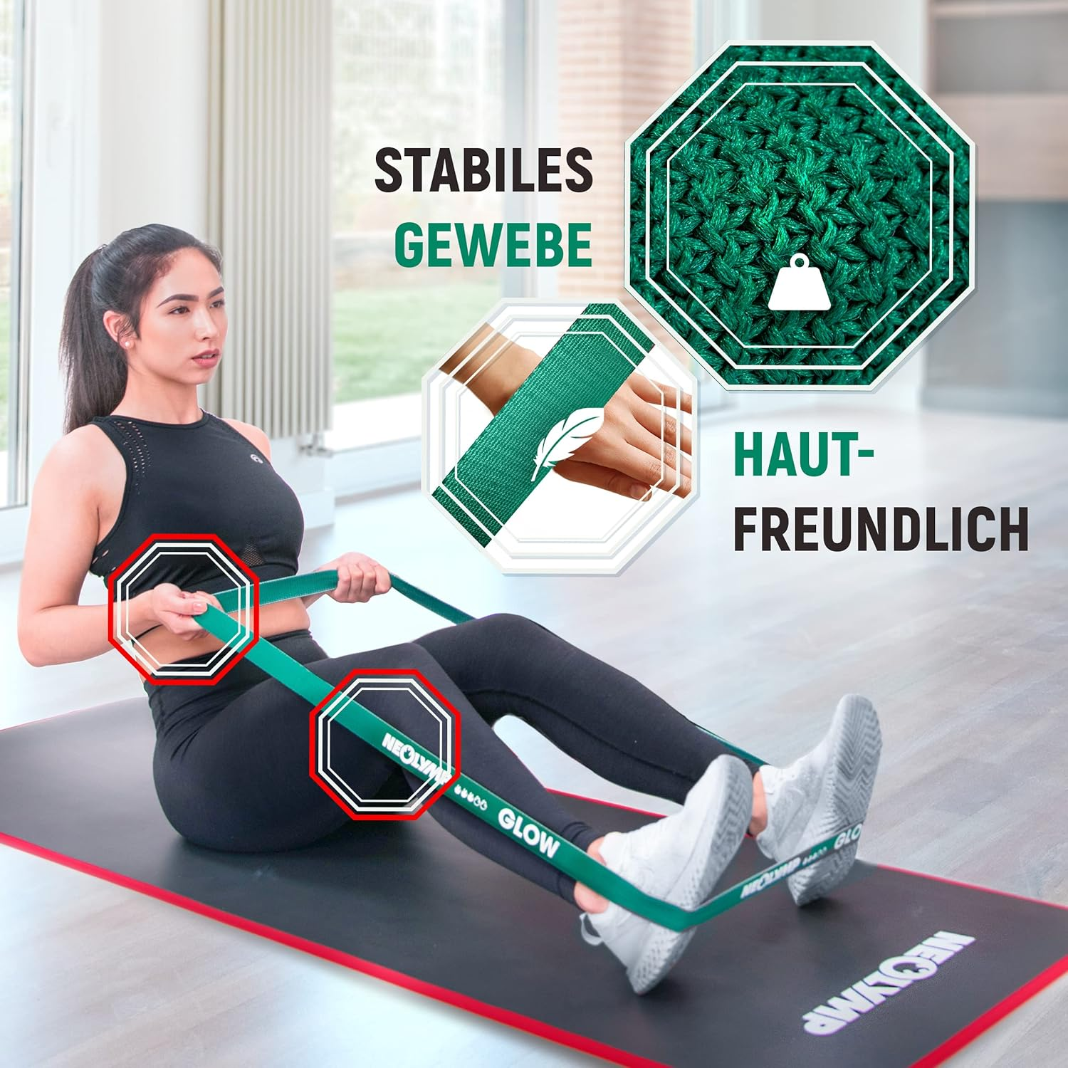 Frau trainiert mit Widerstandsband. Text: Stabiles Gewebe, hautfreundlich.