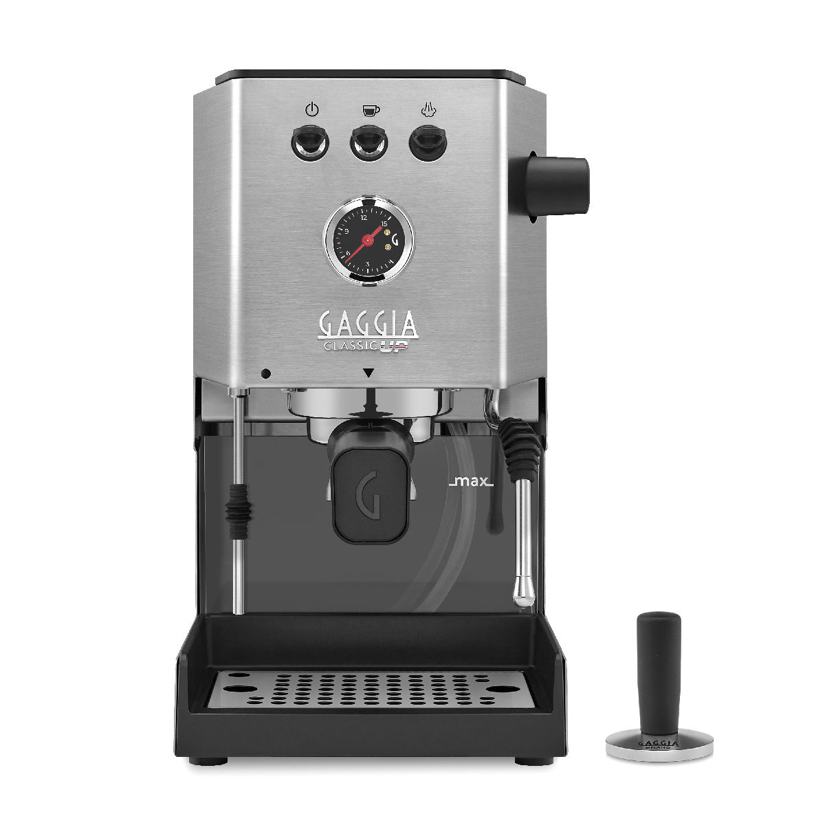 Een zilveren espressomachine met een zwarte voet en tamper.