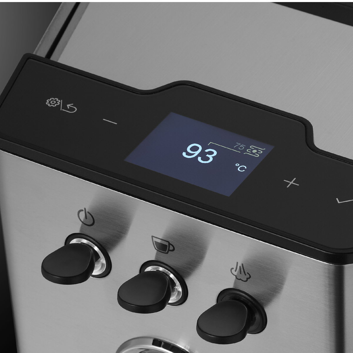 RVS machine met digitaal display dat 93°C aangeeft. Knoppen zijn zichtbaar.