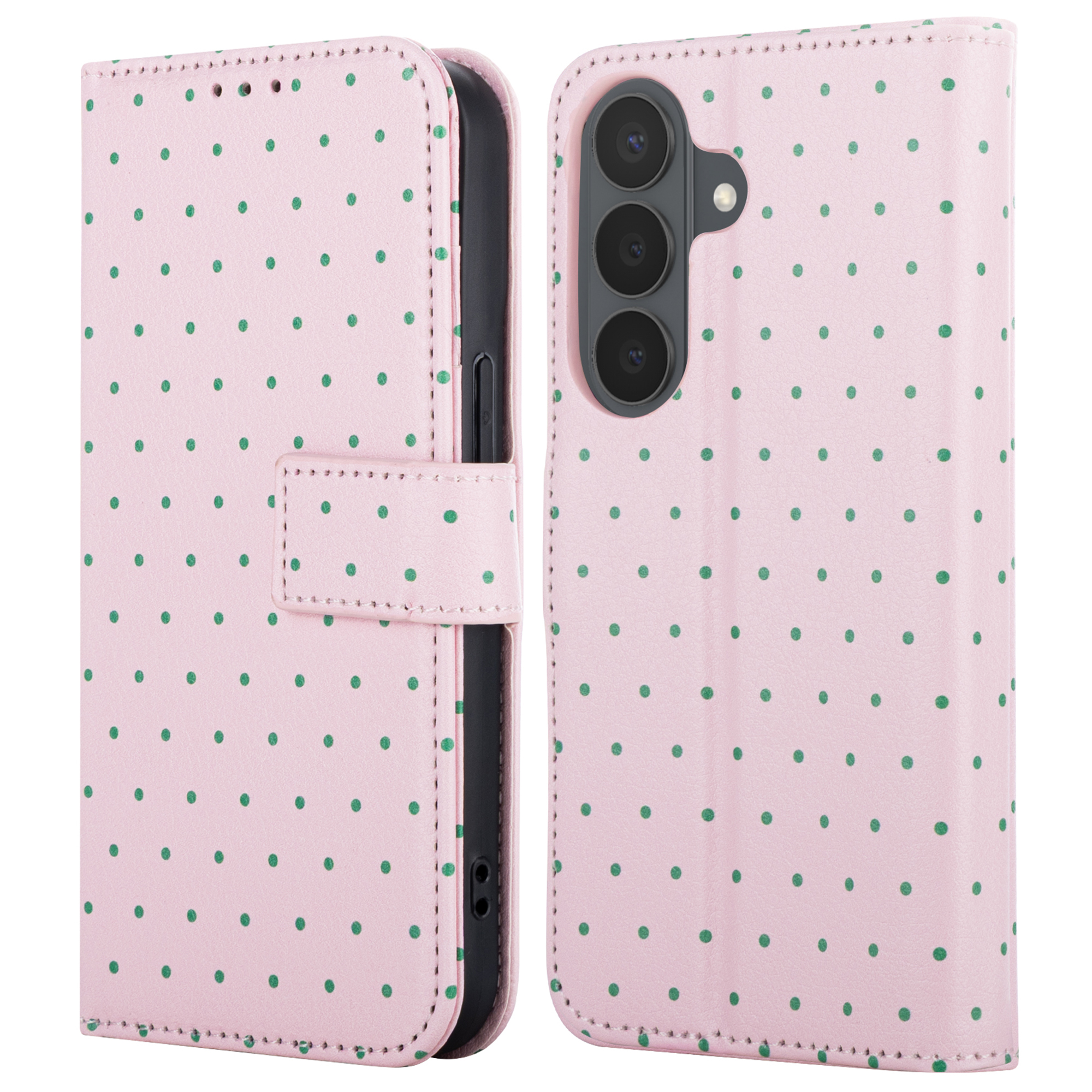Een roze telefoonhoes met groene stippen, open en gesloten getoond.