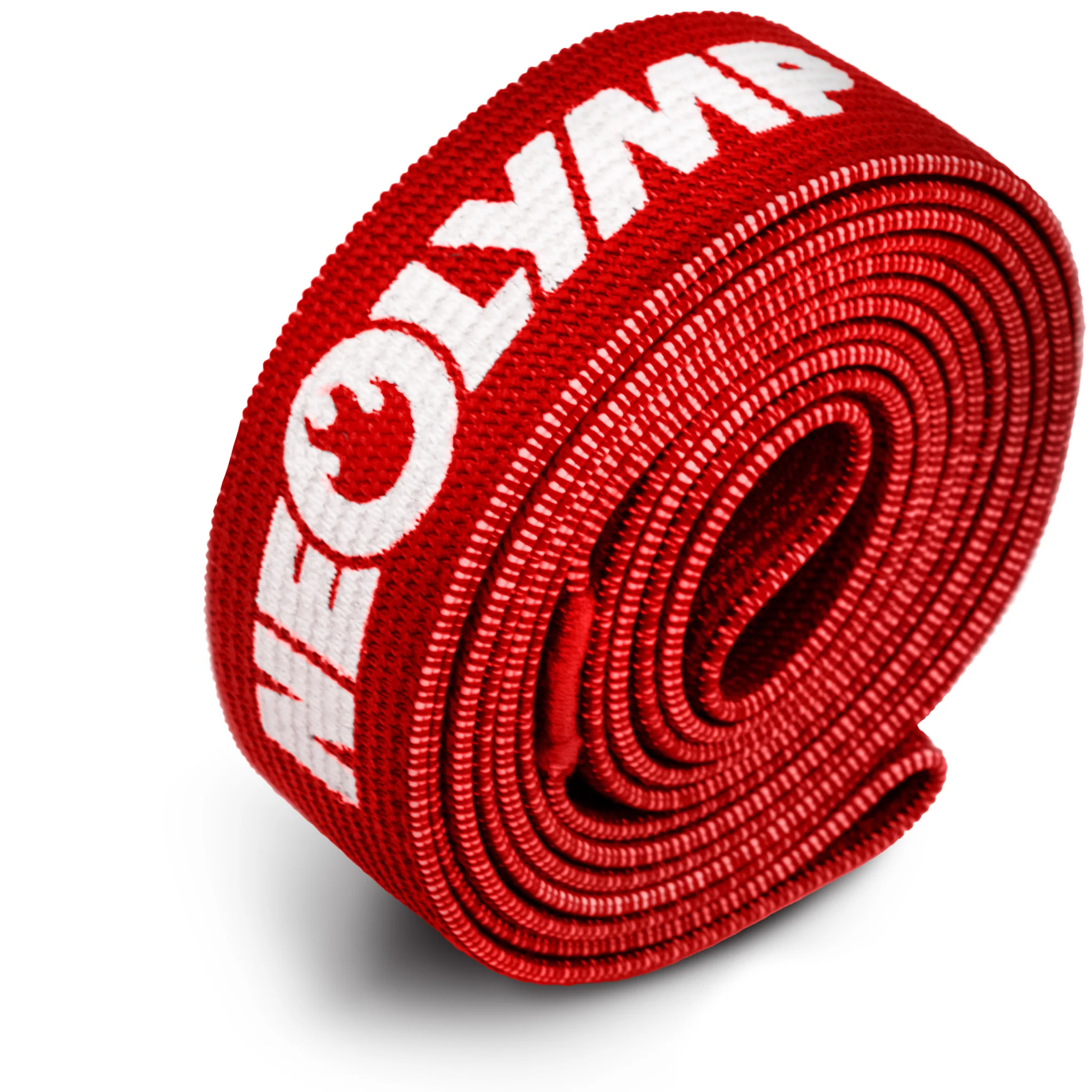 Gerollter roter Gewichthebergürtel mit weißem Schriftzug und Logo 'NEO OLYMPIA'.