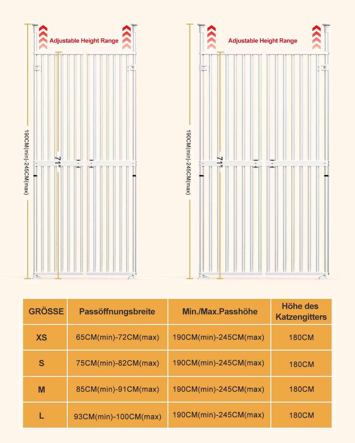 Zwei weiße Gittertüren mit verstellbarer Höhe und Breite im Vergleich.