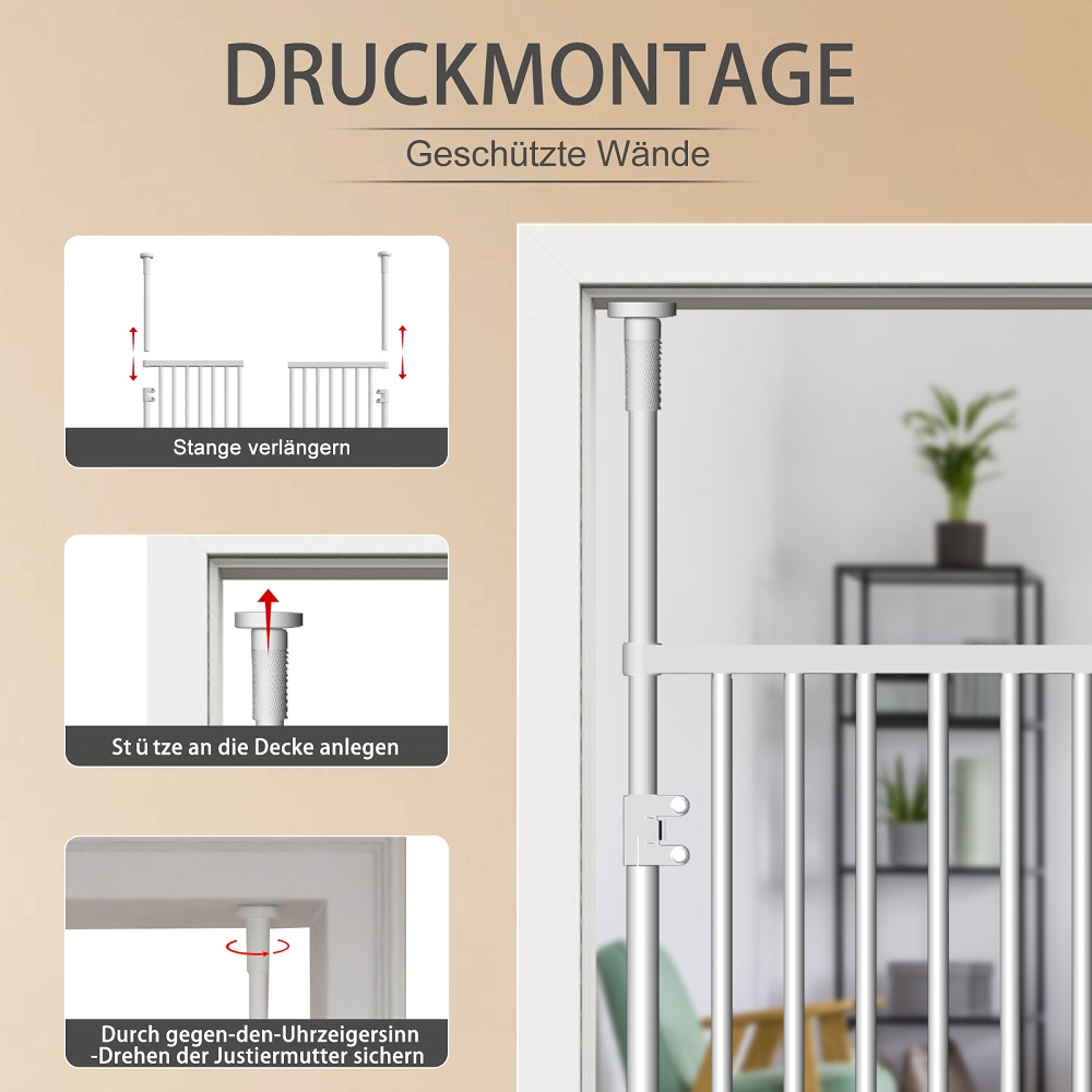 Montageanleitung für eine druckmontierte Wandabsperrung mit Anleitung zur Längenanpassung und Sicherung.