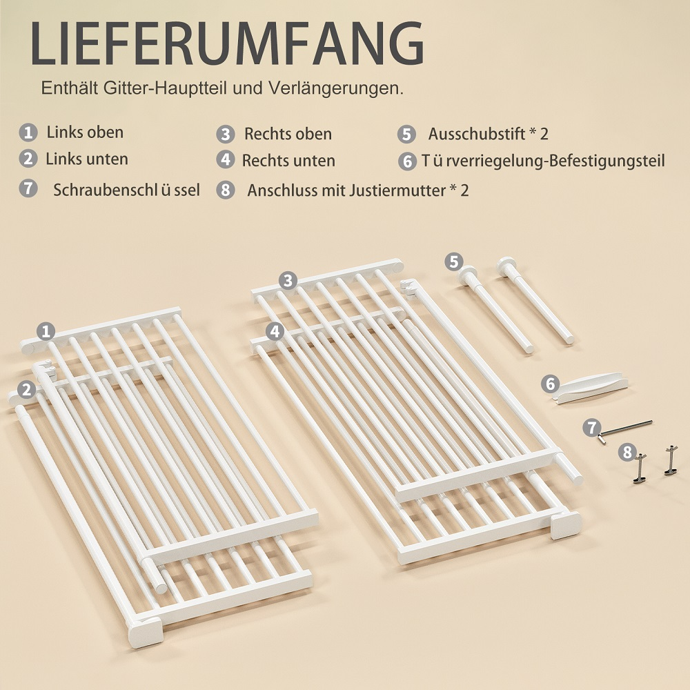 Weiße Gitterteile und Zubehör für ein Schutzgitter, nummeriert.