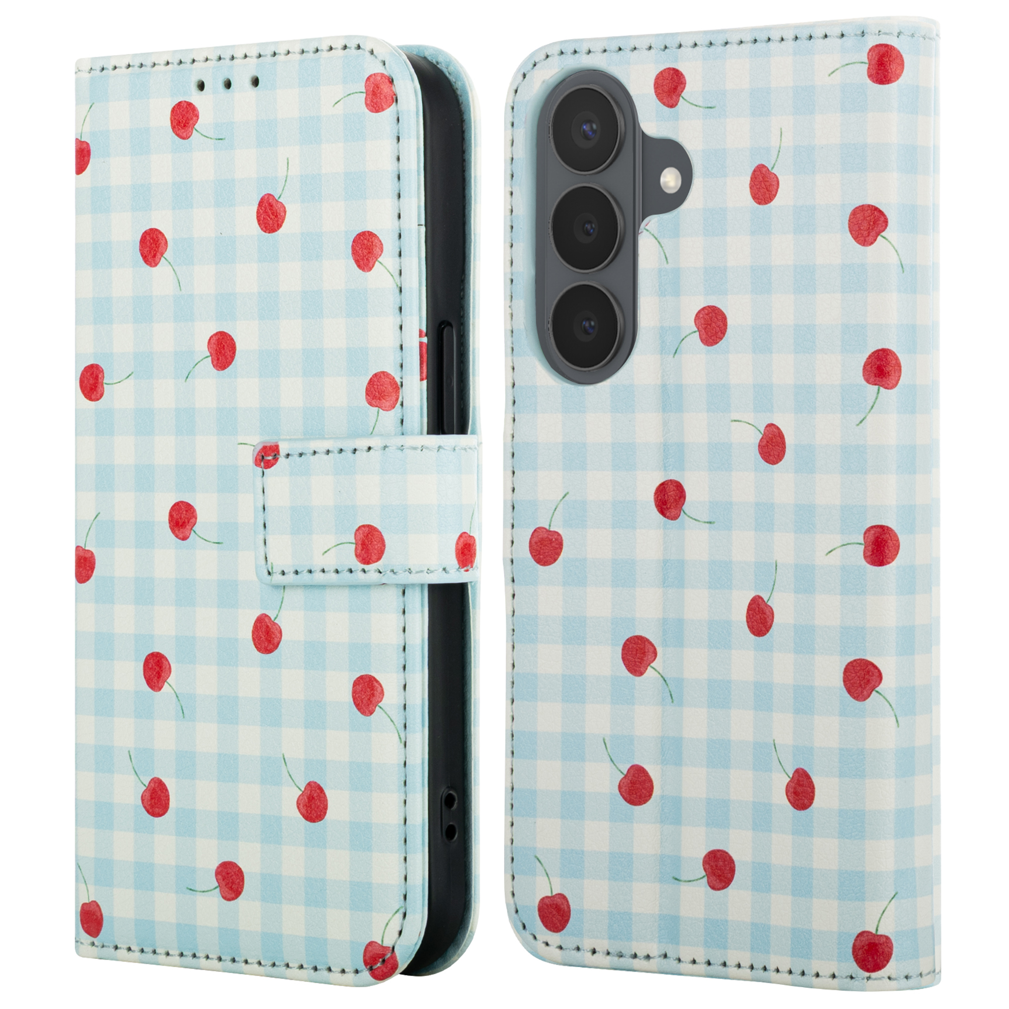 Een blauw-wit geruite telefoonhoes met rode kersen.