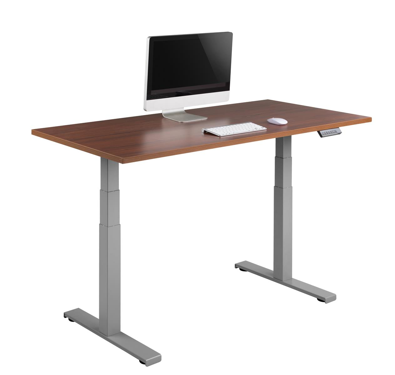 Ein höhenverstellbarer Schreibtisch mit Holzplatte, Computermonitor, Tastatur und Maus.