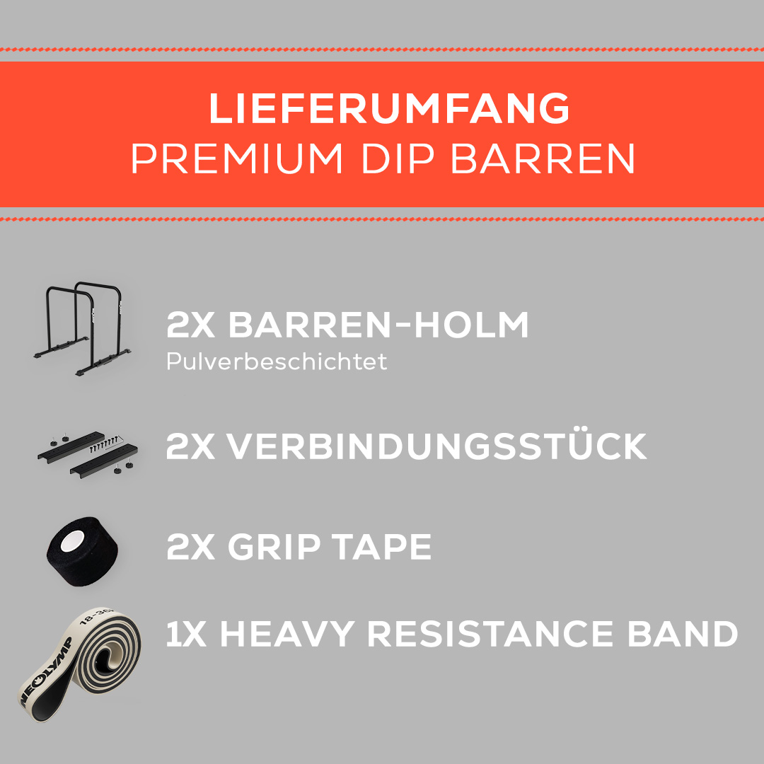 Lieferumfang: 2x Dip Barren Holme, 2x Verbindungsstücke, 2x Griffband, 1x Band
