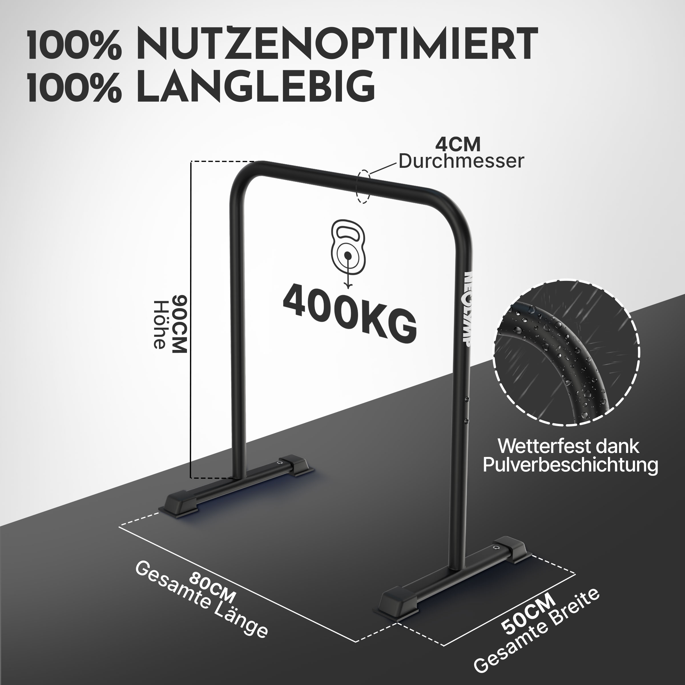Ein schwarzes Klimmzuggestell mit Maßen: 90cm Höhe, 80cm Länge, 50cm Breite.