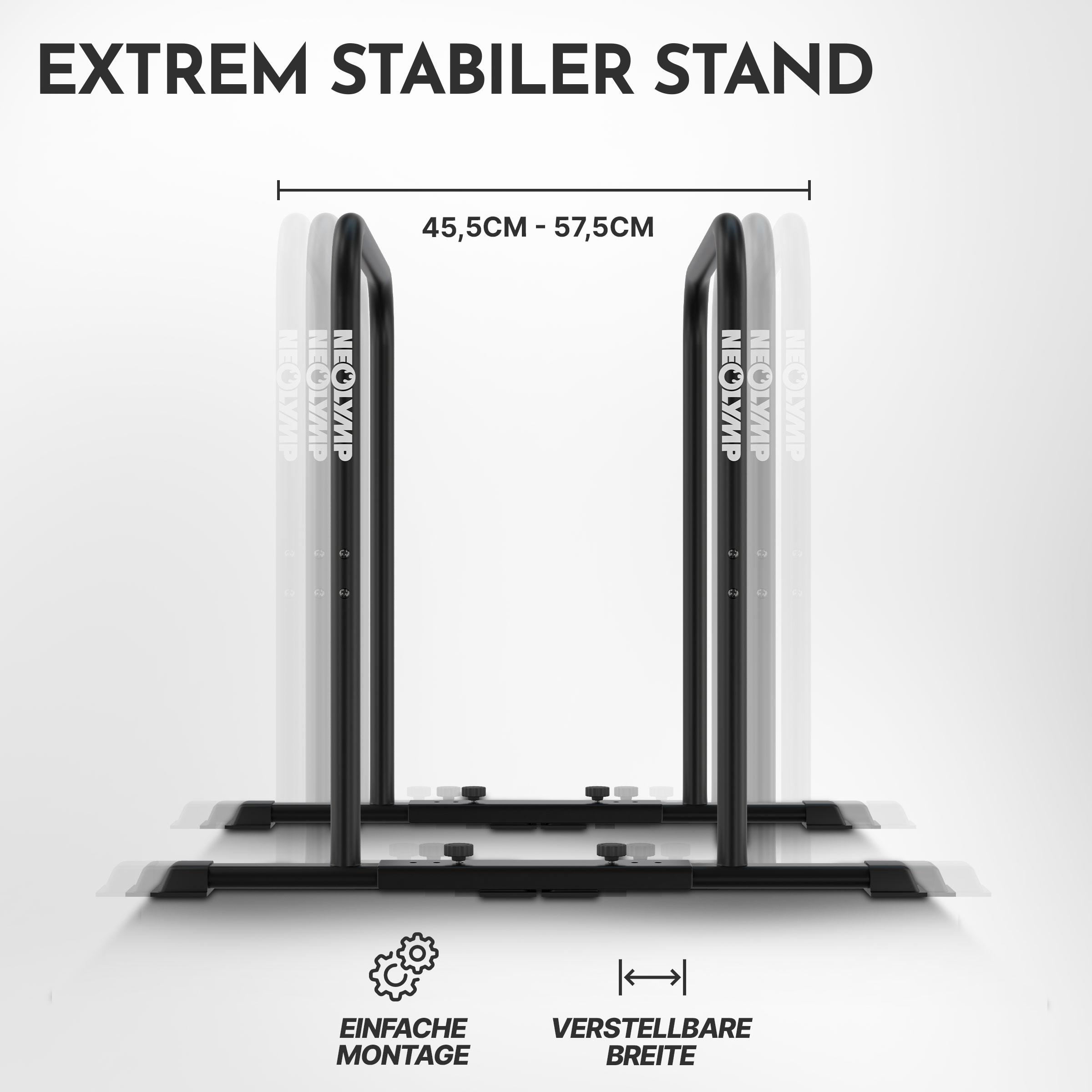 Extrem stabiler Stand mit verstellbarer Breite von 45,5-57,5cm.