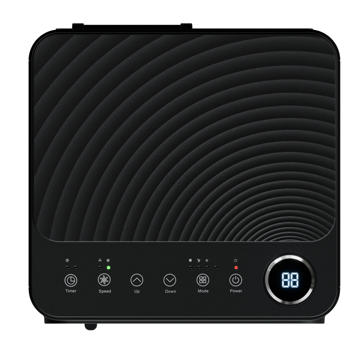 Black humidifier with textured front panel and touch controls. Digital display shows 88.