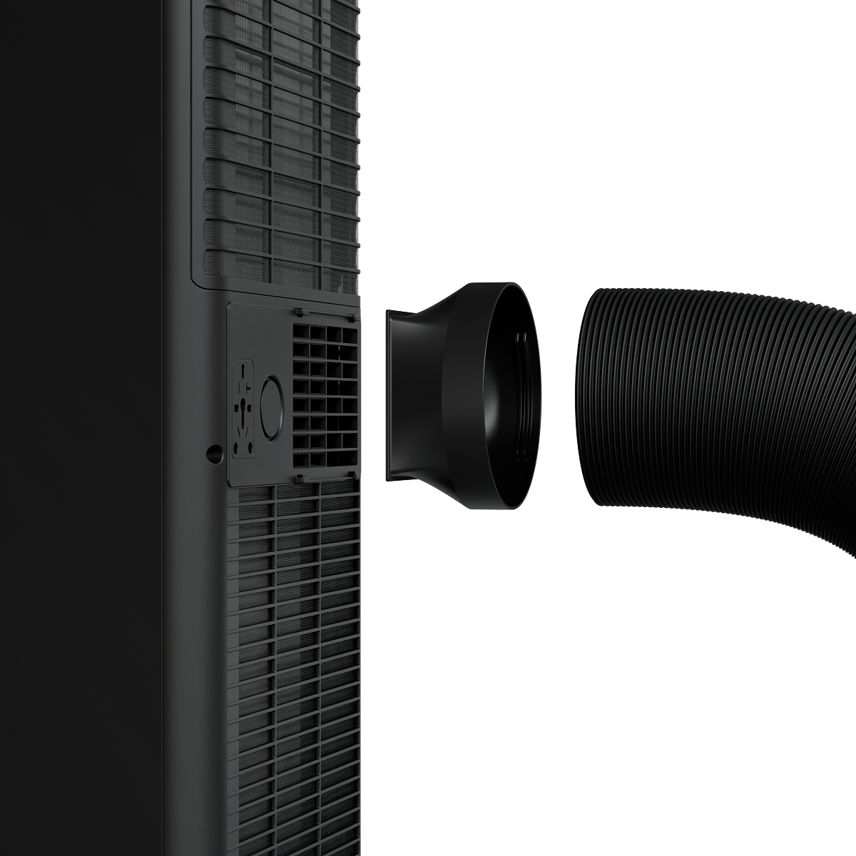 Black vent hose and adapter for an air conditioning unit.