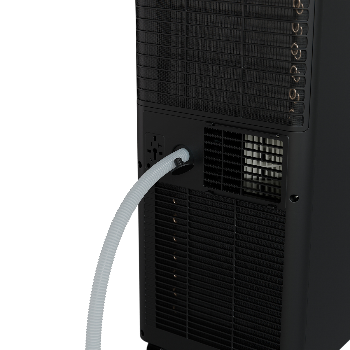 Black dehumidifier with a gray hose extending from the side.