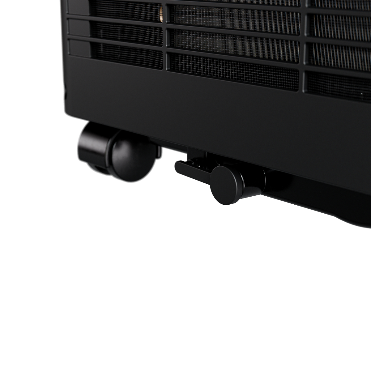 Black, low view of a device with wheels and a black handle.