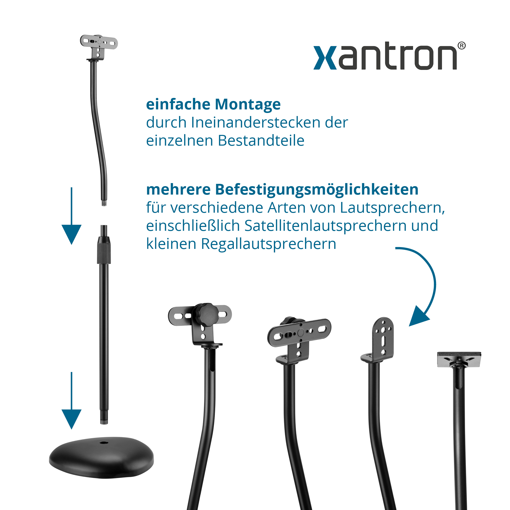 Xantron Lautsprecherständer mit verschiedenen Halterungen und Basis.
