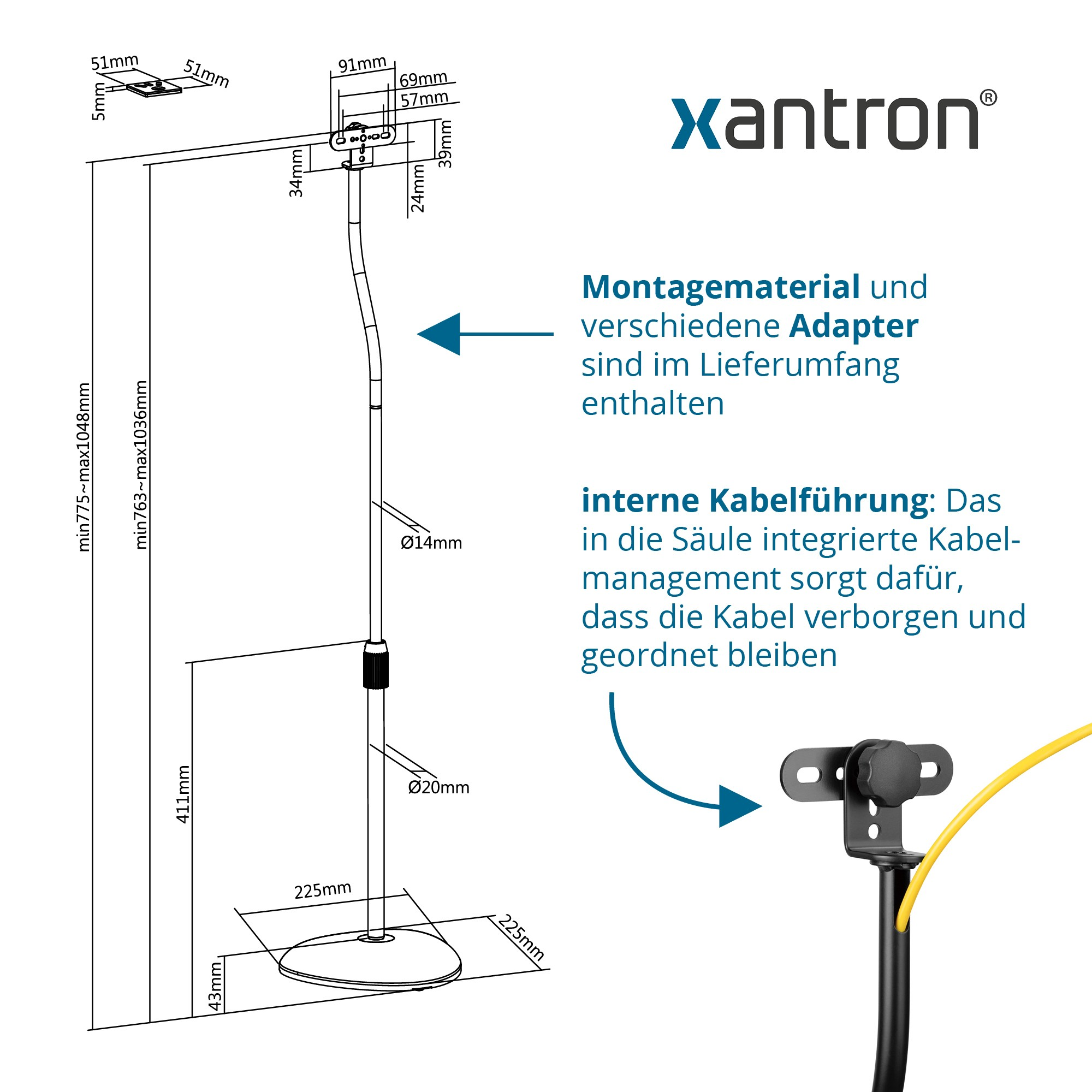 Technische Zeichnung eines Xantron-Ständers mit Maßen und Text.