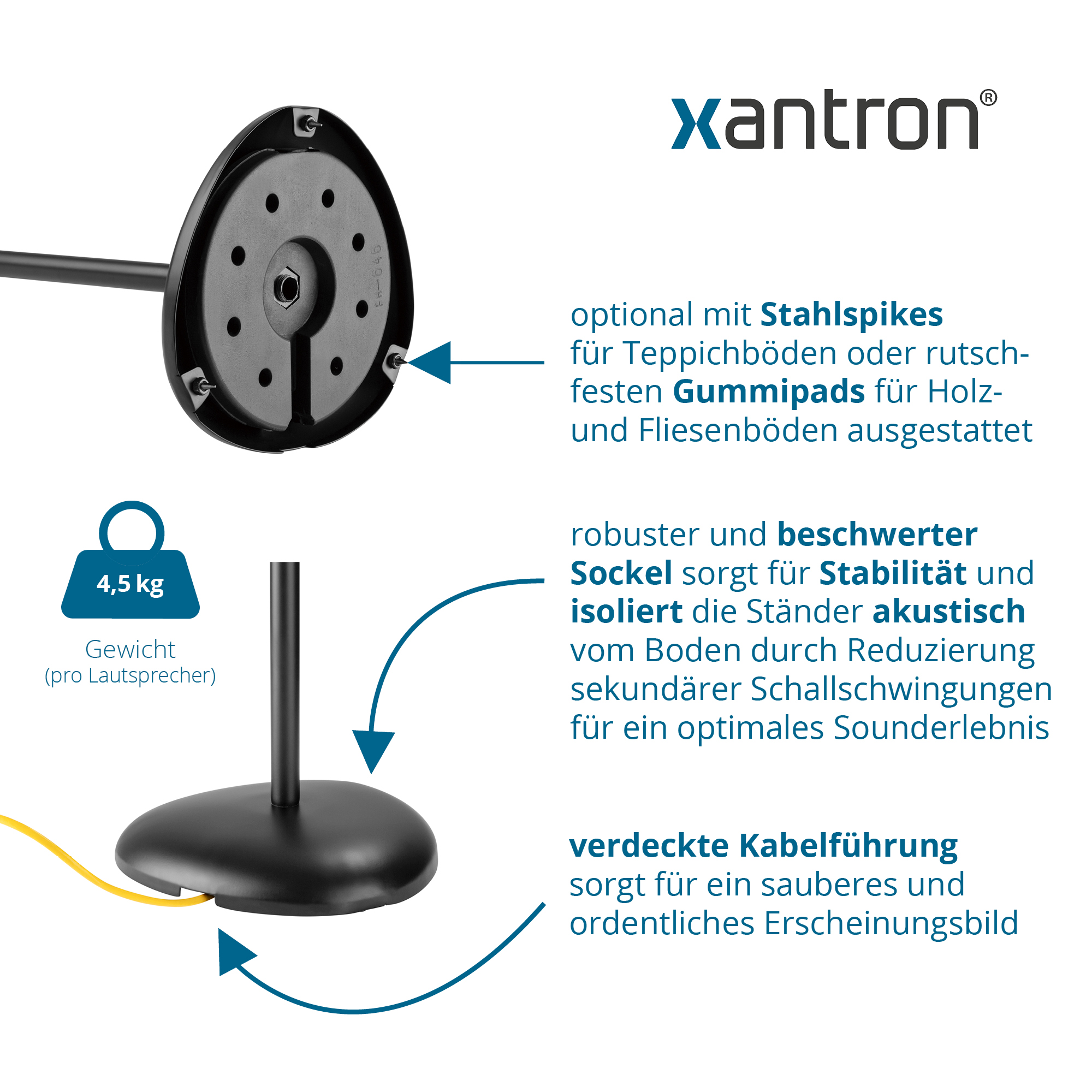 Schwarzer Lautsprecherständer mit rundem Fuß, Kabelmanagement und Gewichtsangabe.
