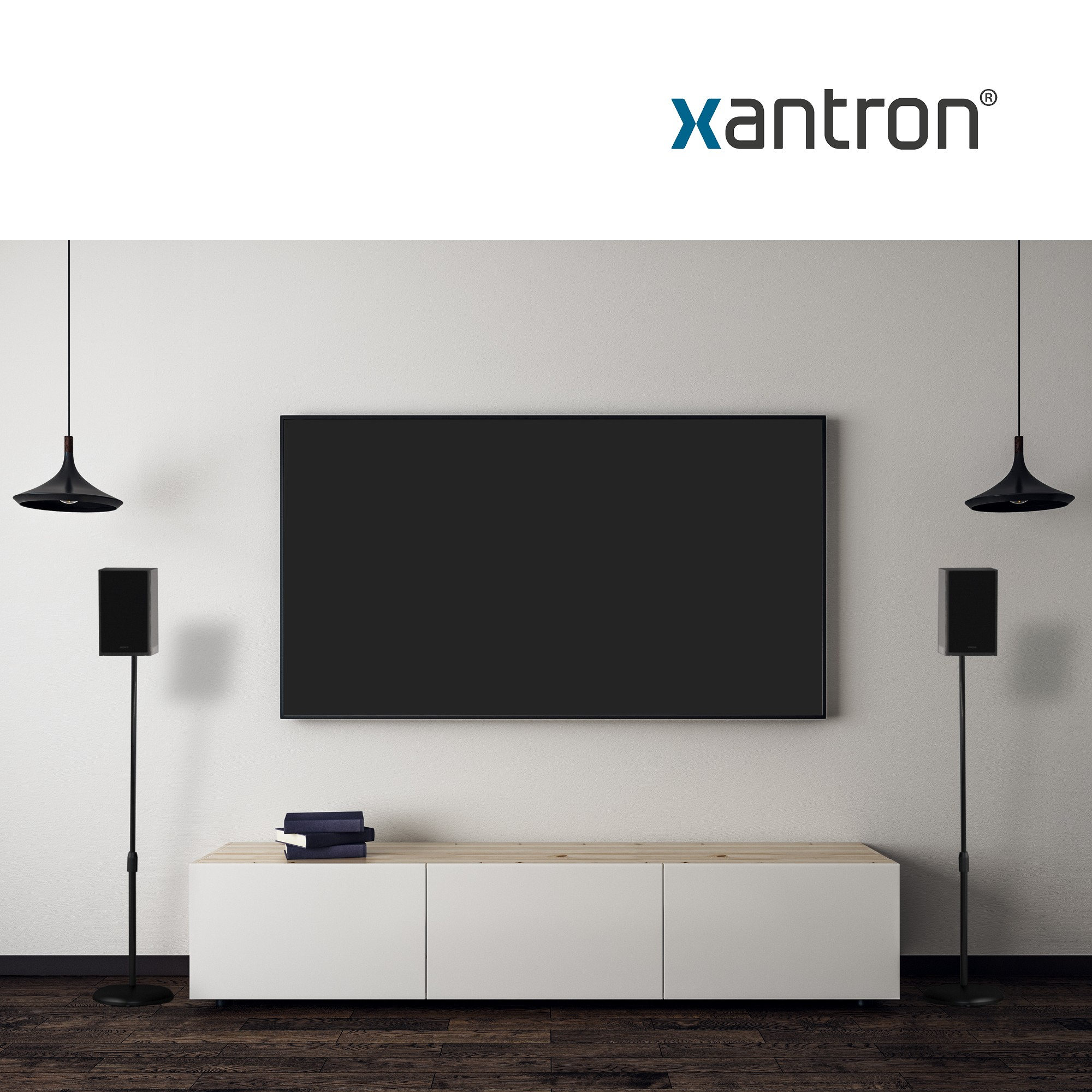 Moderner Wohnzimmerschrank mit Fernseher, Lautsprechern und Lampen.