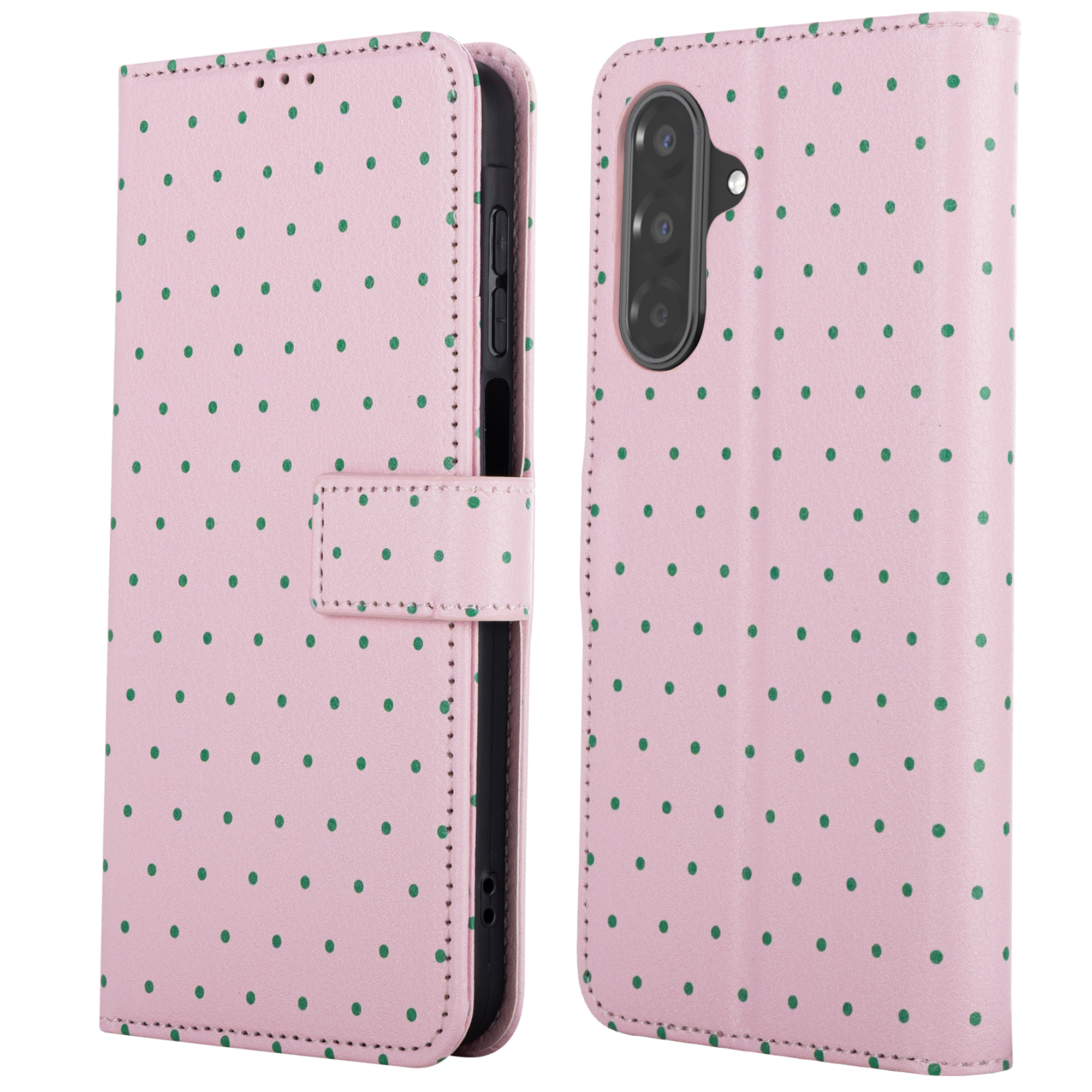 Ein rosa Handyhülle mit grünen Punkten und einer Kameraaussparung.