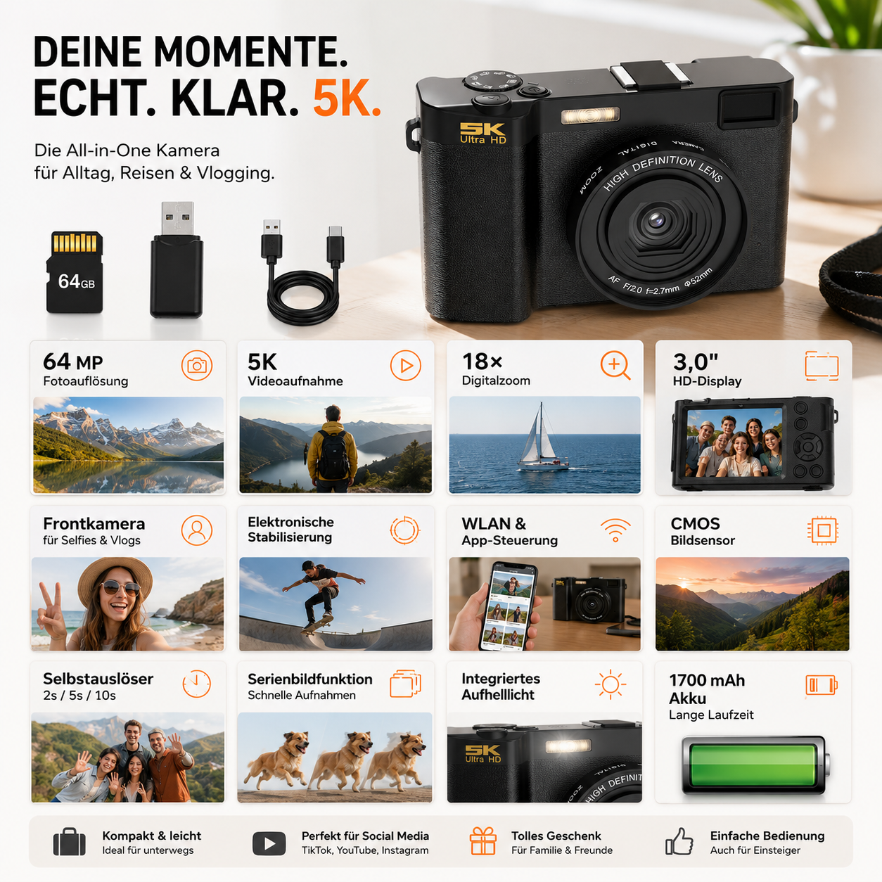 Produktübersicht einer 5K-Kamera mit Zubehör und Funktionen.