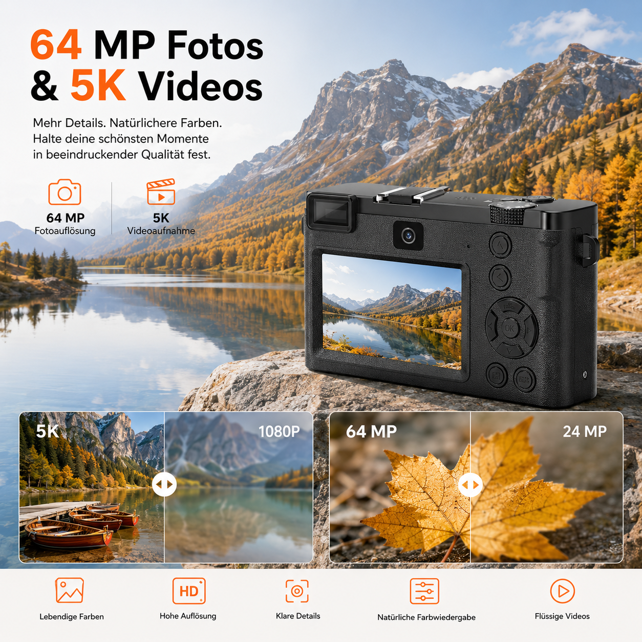 Kamera bewirbt 64MP Fotos und 5K Videos, mit Szenen von Bergen, See, Booten und Herbstlaub.