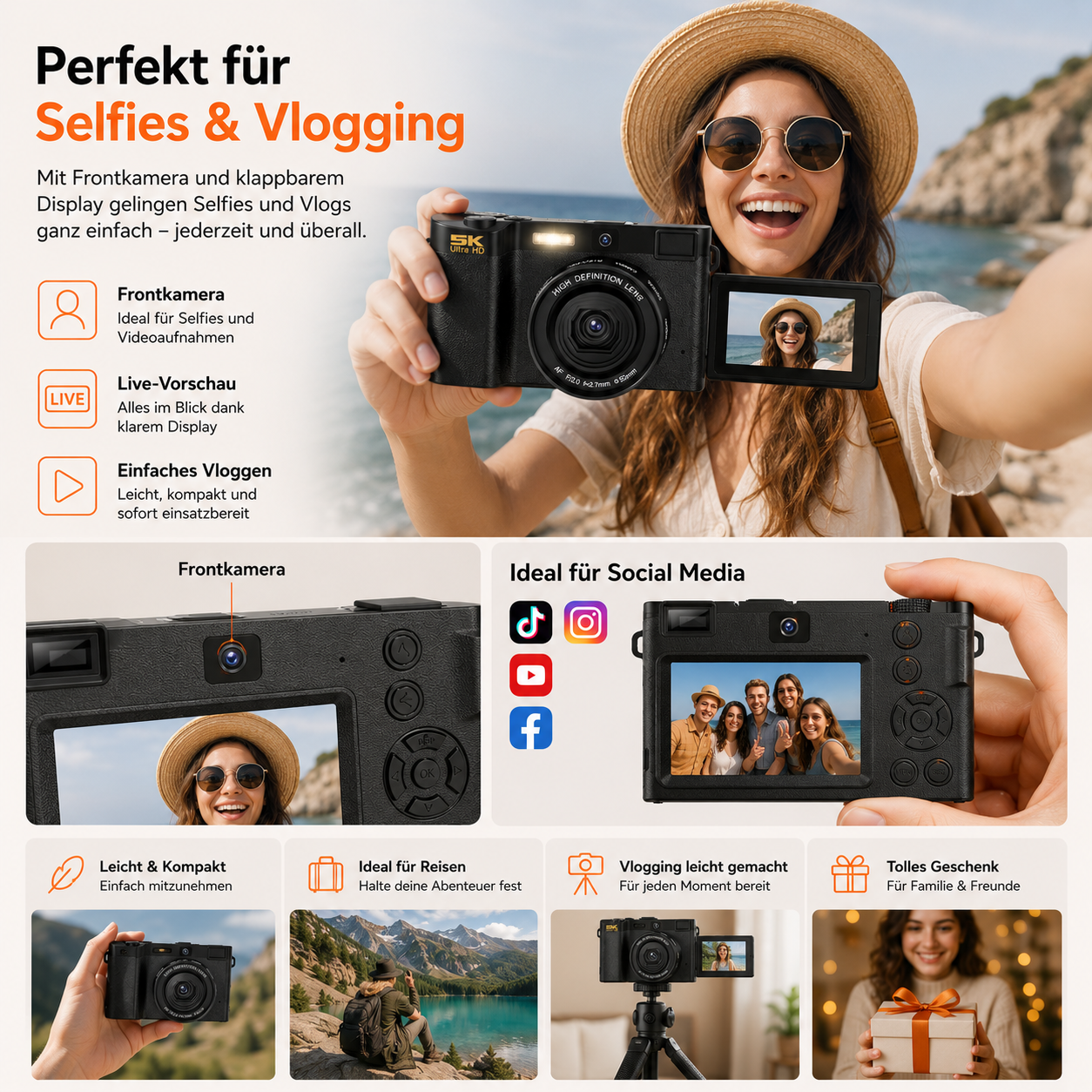 Eine Frau macht ein Selfie mit einer Kamera mit ausklappbarem Bildschirm am Strand.