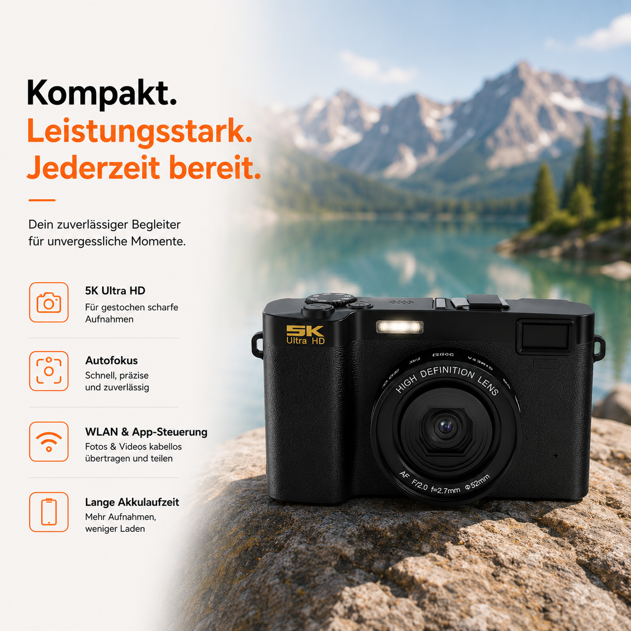 Eine schwarze Kamera auf Felsen vor einem See und Bergen. Text beschreibt Funktionen.