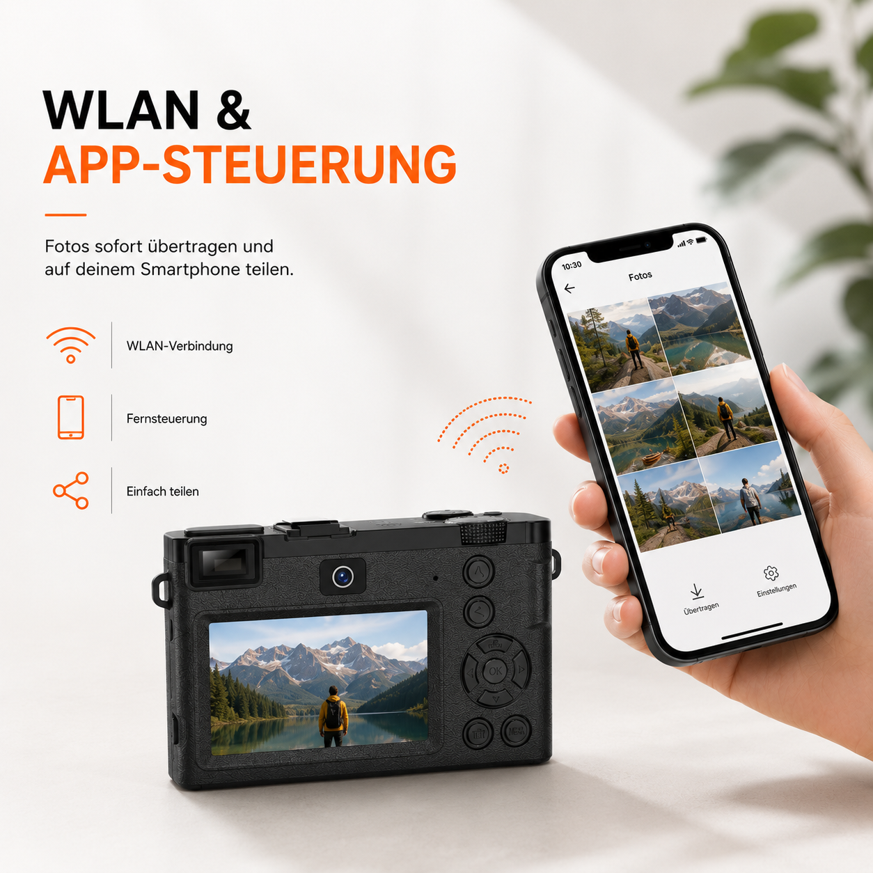 Kamera mit WLAN und App-Steuerung zeigt Fotos auf dem Handy.