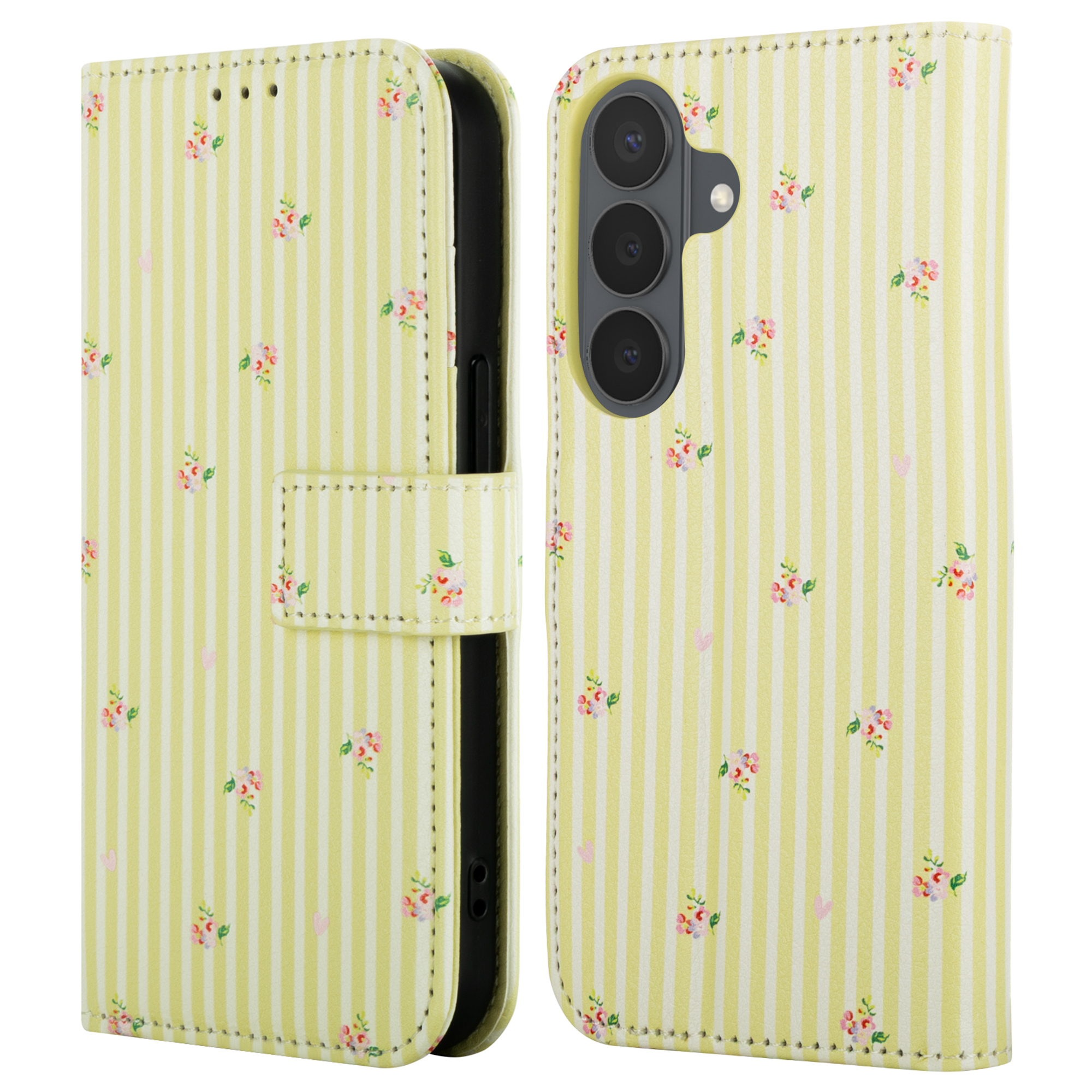 Geel telefoonhoesje met witte strepen en bloemenpatroon.