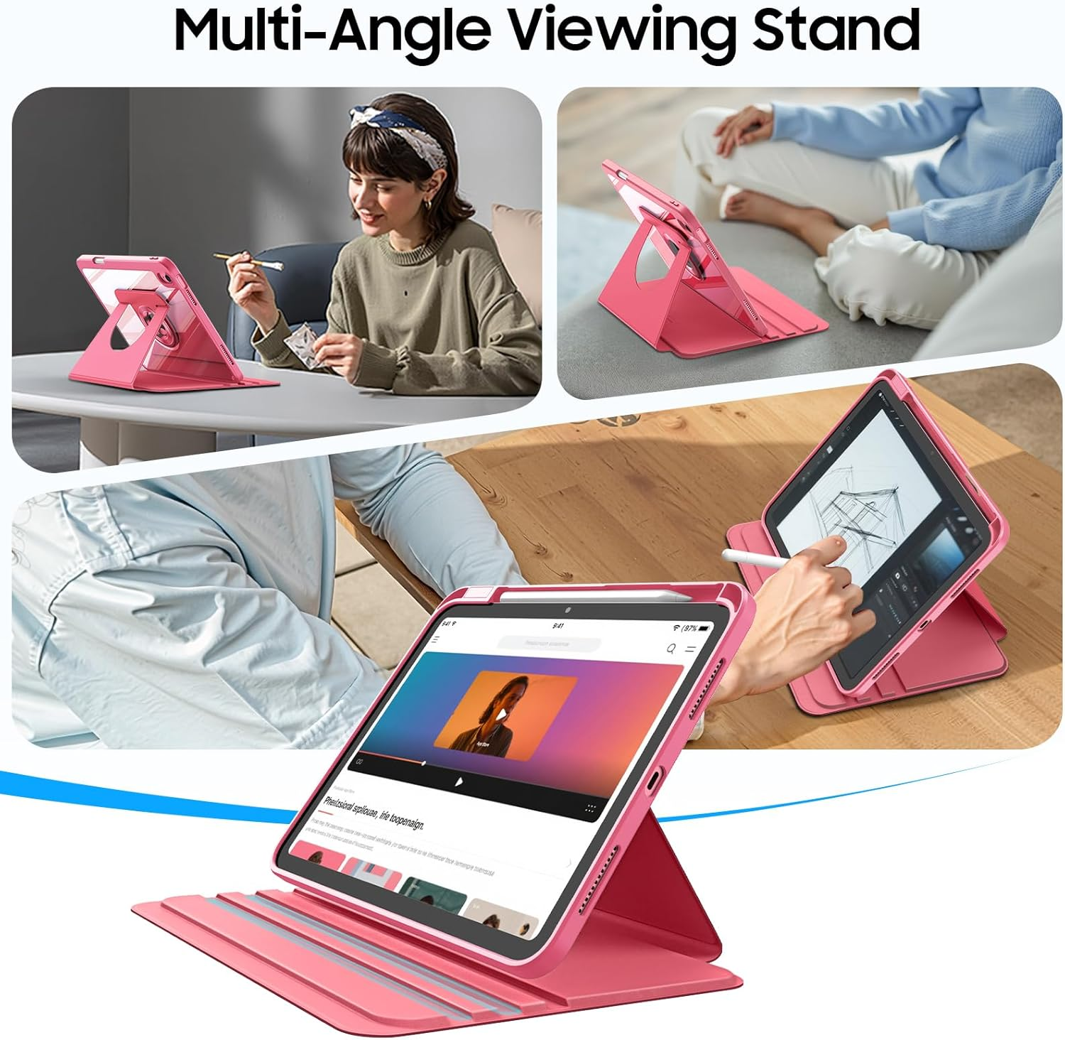Pinke Tablet-Hülle im Mehrfachgebrauch, auf verschiedenen Tischen und Sofas gezeigt.