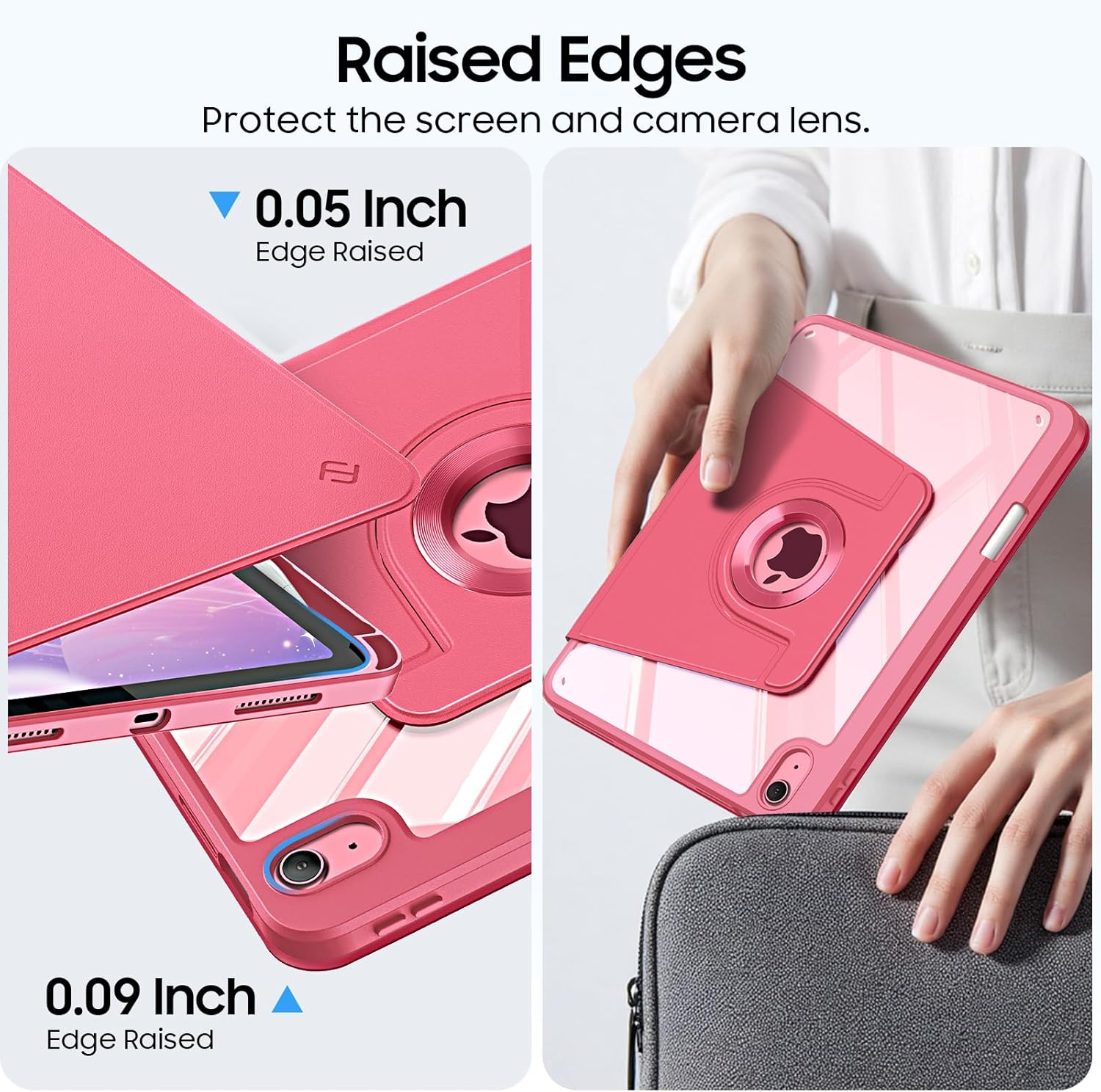 Rosa iPad-Hülle mit angehobenen Kanten schützt Bildschirm und Kamera.