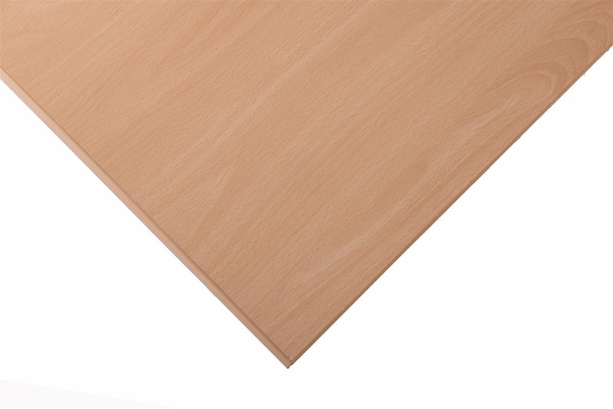 Eine hellbraune Holzplatte mit Maserung. Der obere rechte Bereich ist weiß.