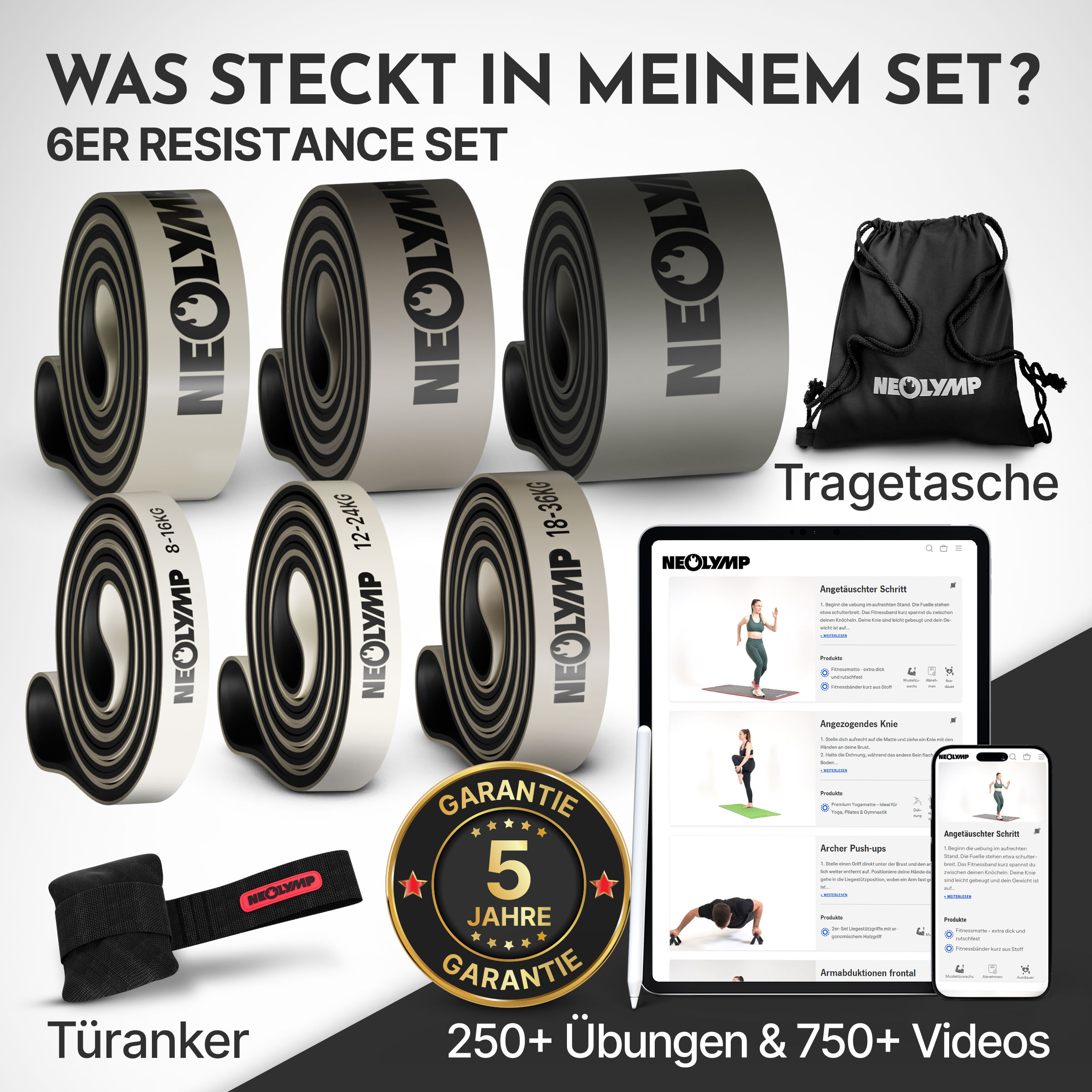Set mit 6 Widerstandsbändern, Tragetasche, Türanker und App-Screenshots.
