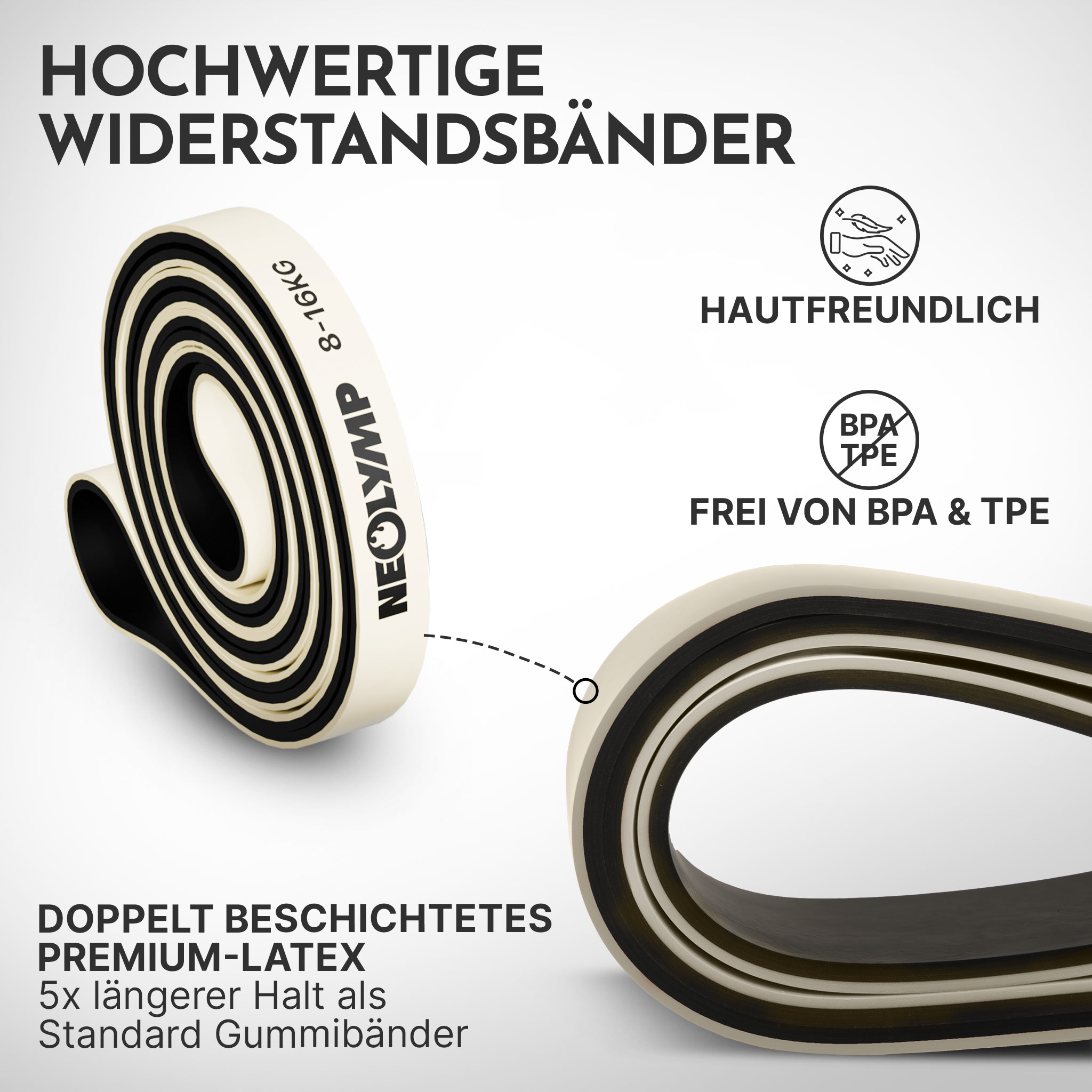 Hochwertige Widerstandsbänder aus Premium-Latex, hautfreundlich und BPA-frei.