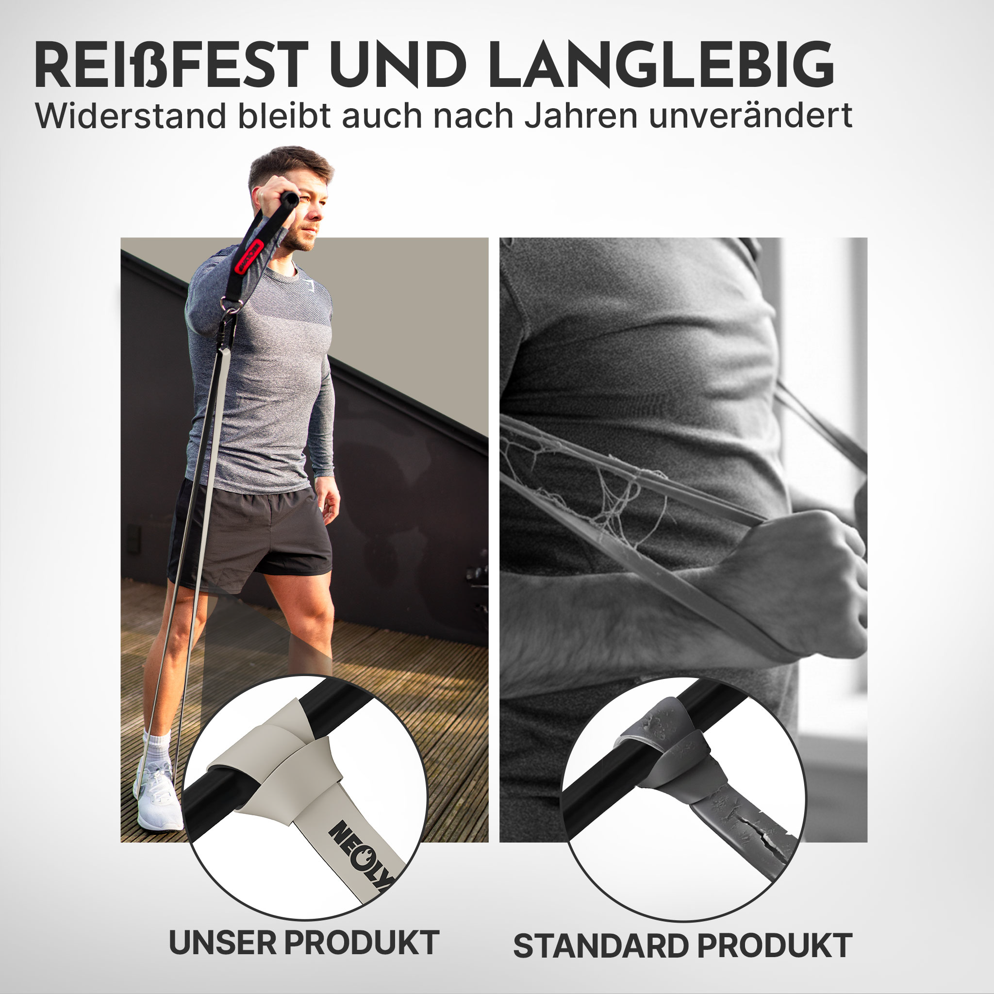Mann trainiert mit Band, unser Produkt vs. Standardprodukt.