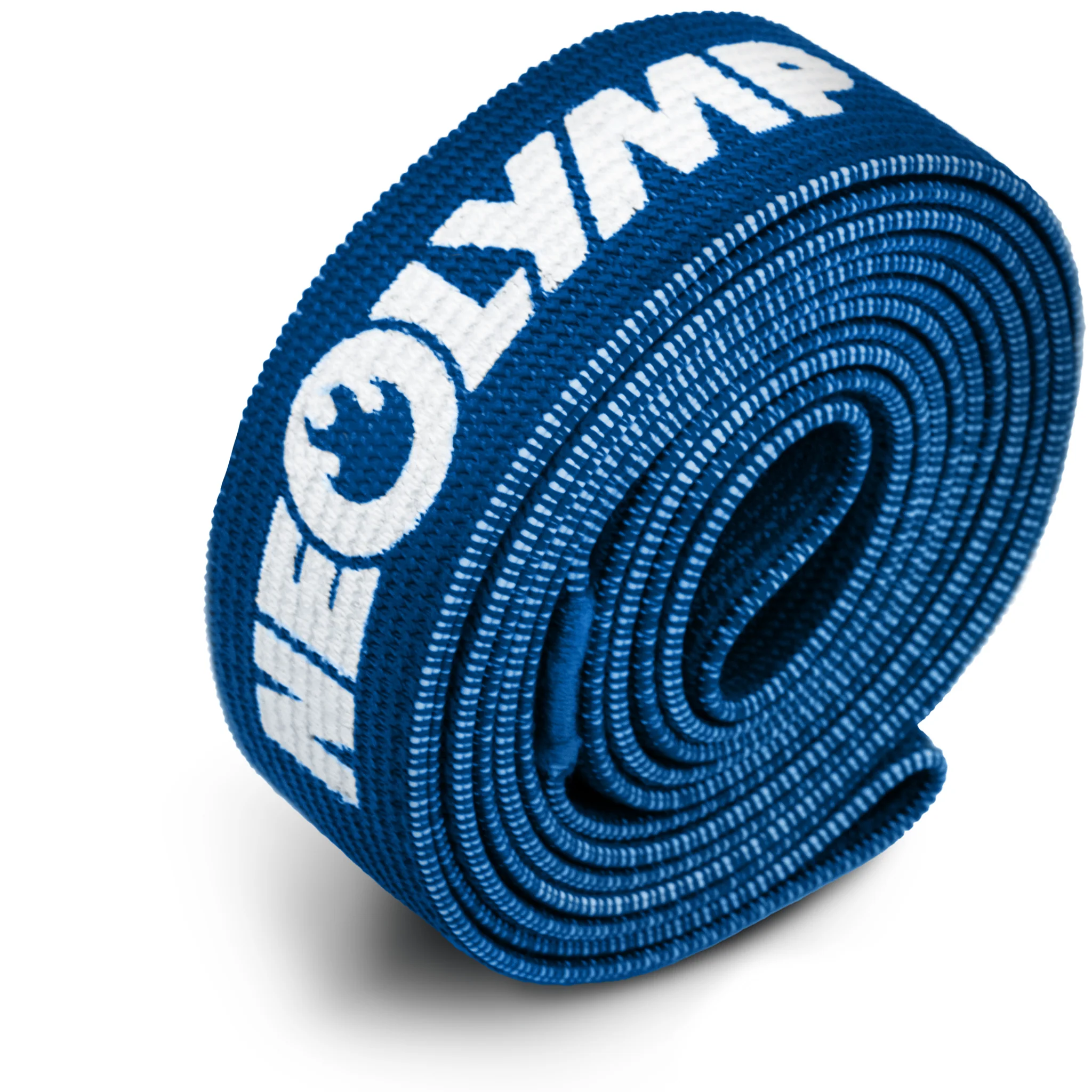 Eine aufgerollte blaue Trainingsmatte mit weißem Aufdruck.