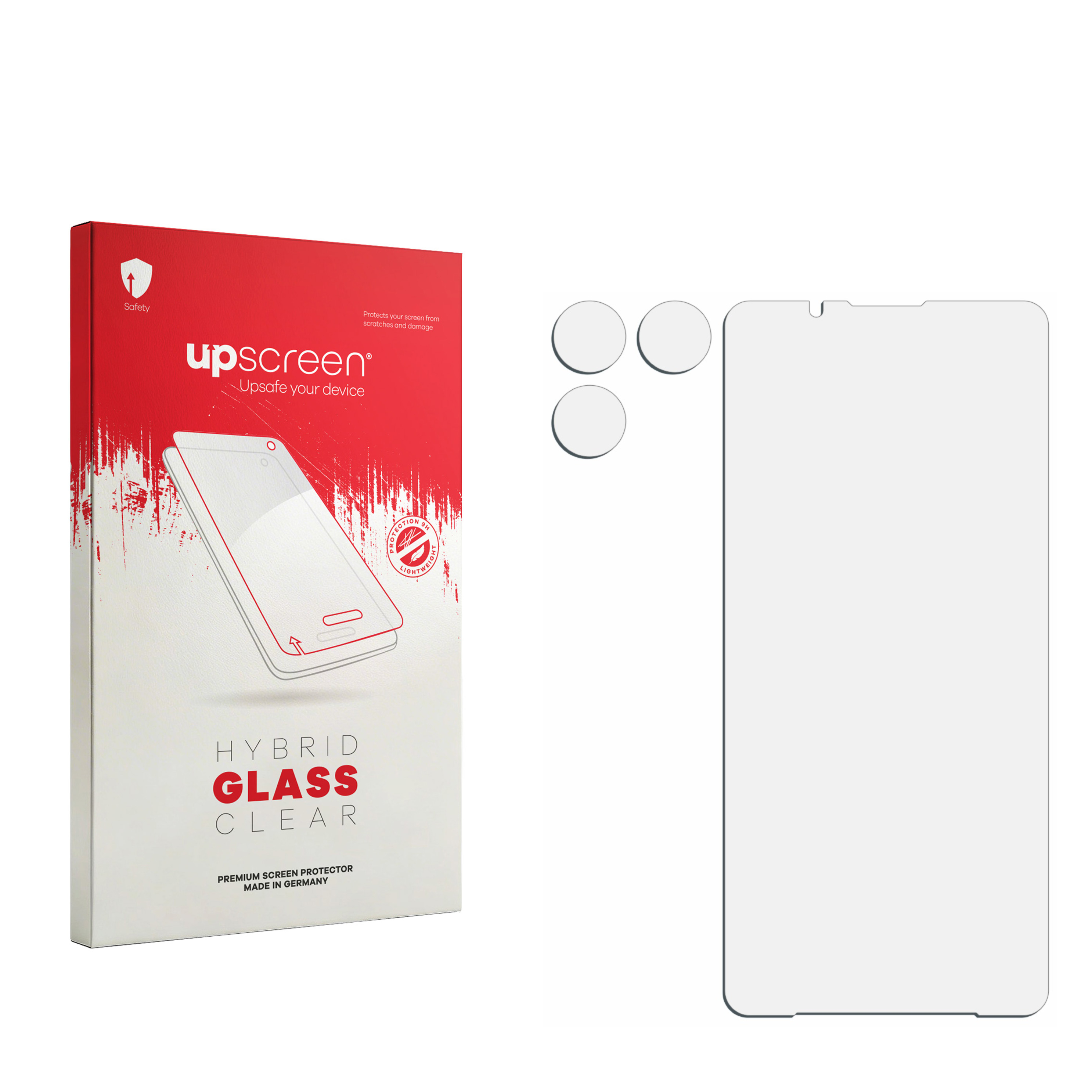 Verpackung für Displayschutz, mit drei runden Klebepunkten und einem Displayschutz.