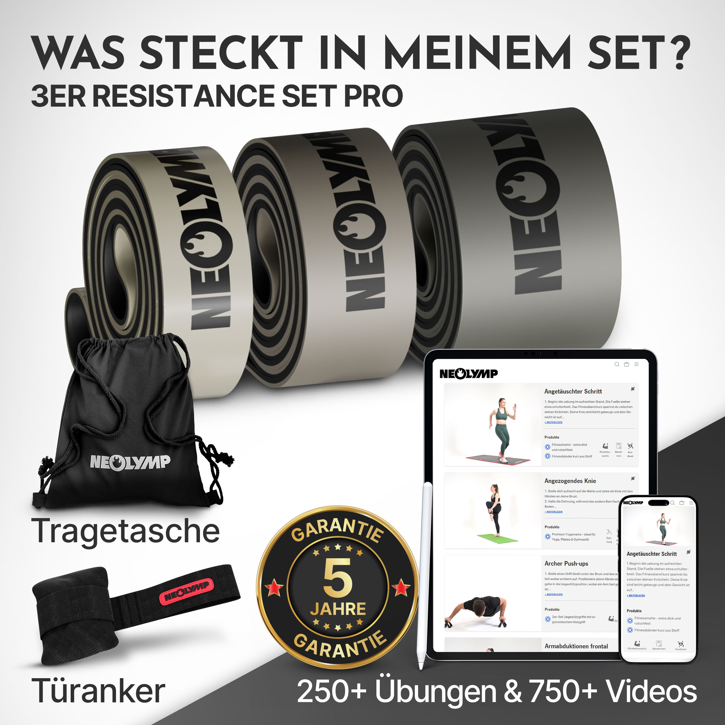 Ein 3er Set Resistance Bands, Tragetasche, Türanker und Tablet mit Übungen.