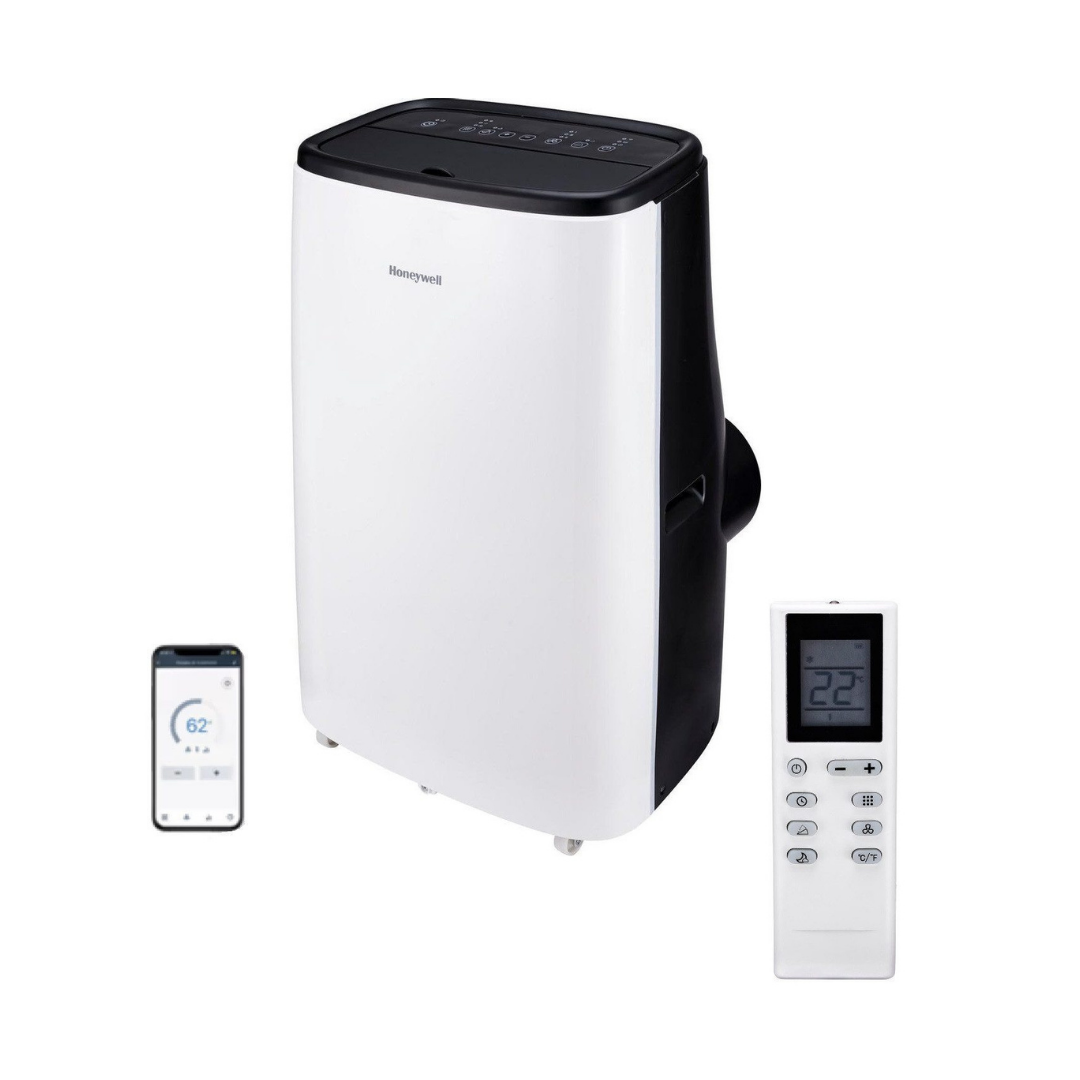 Ein weißer Honeywell-Luftkühler mit Fernbedienung und Smartphone.