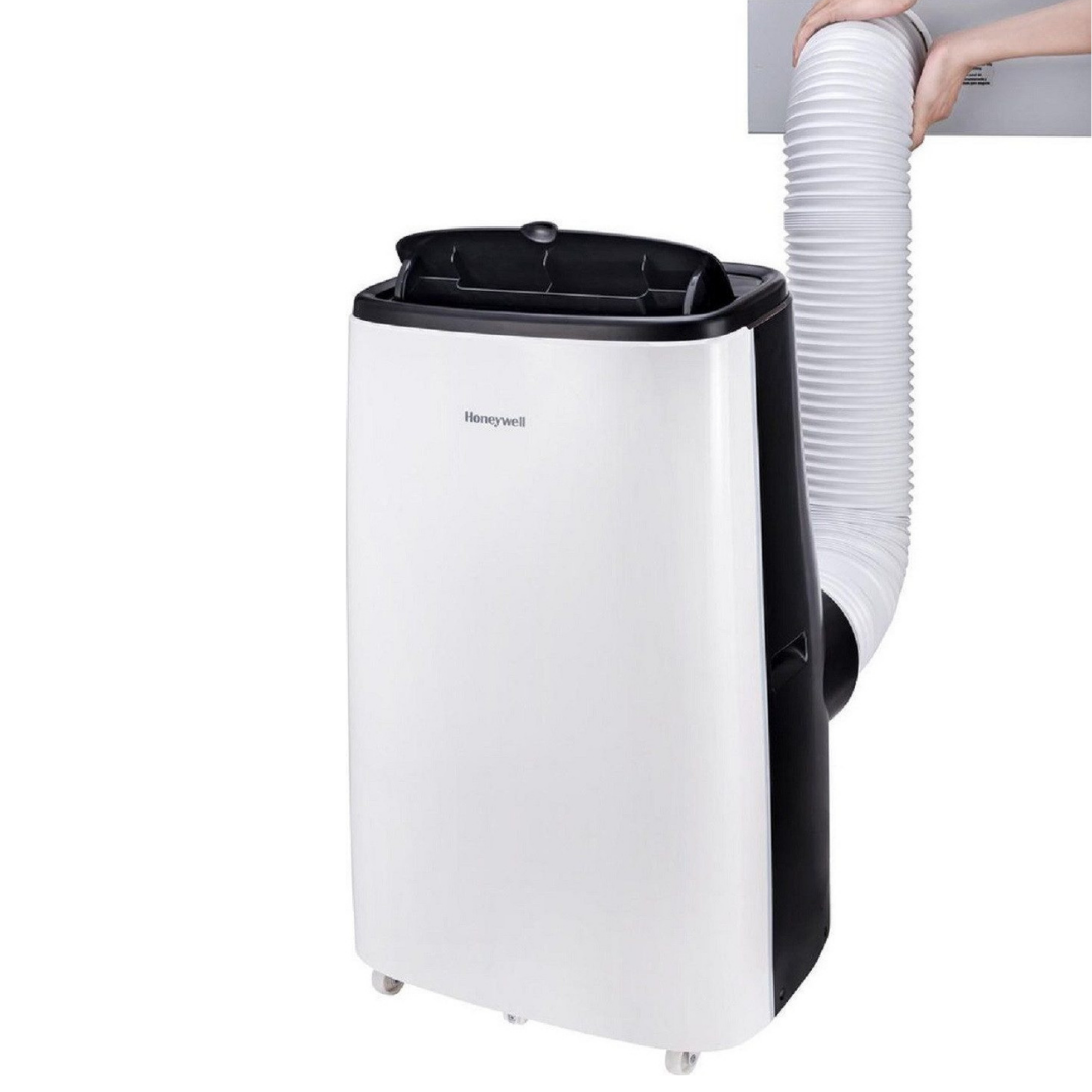 Ein weißer Honeywell-Luftkühler mit schwarzem Gehäuse und offenem Deckel.
