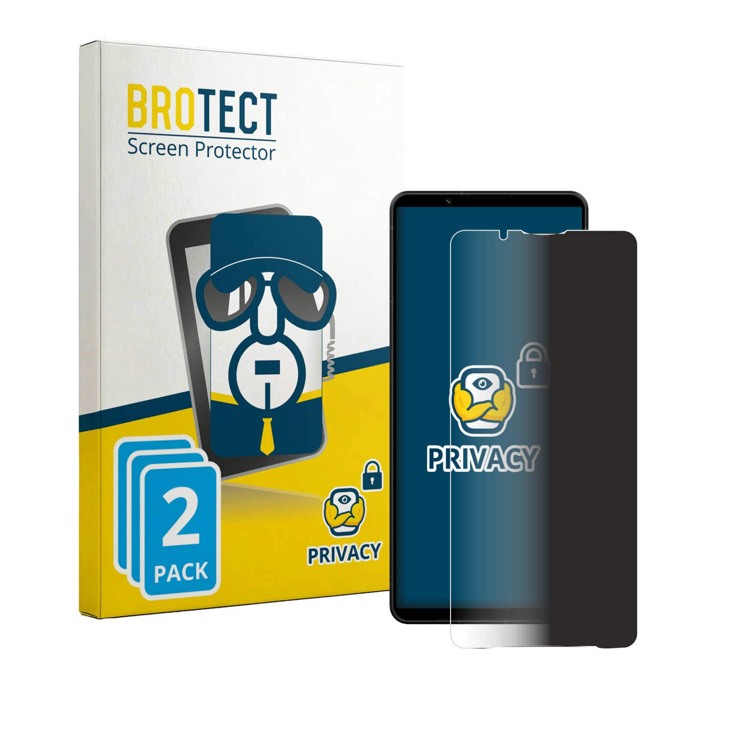 Brotect Displayschutzfolien-Verpackung mit Handy und Privatsphäre-Folie.